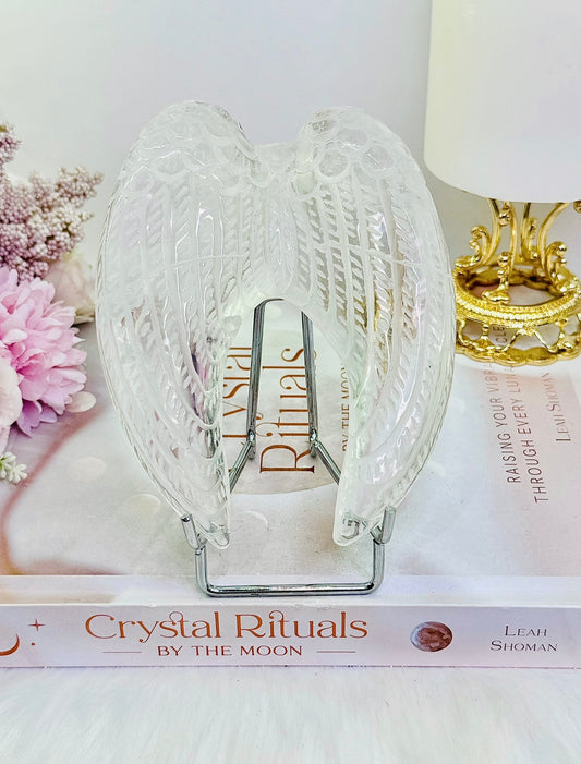 Divinely Stunning Clear Quartz Carved Wings On Stand 359gram