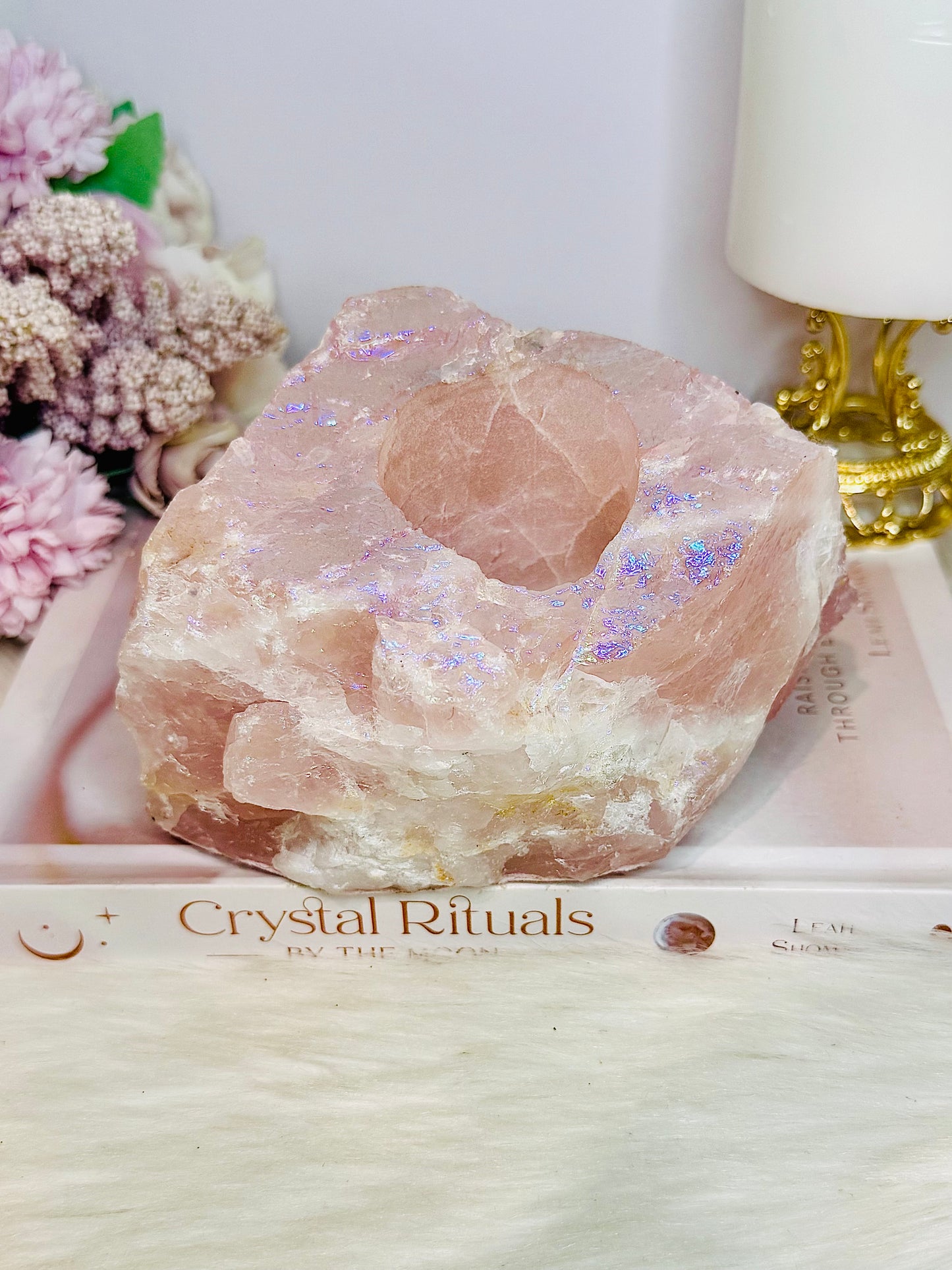 Large Chunky 1.2KG 14cm Angel Aura Rose Quartz Candle Holder