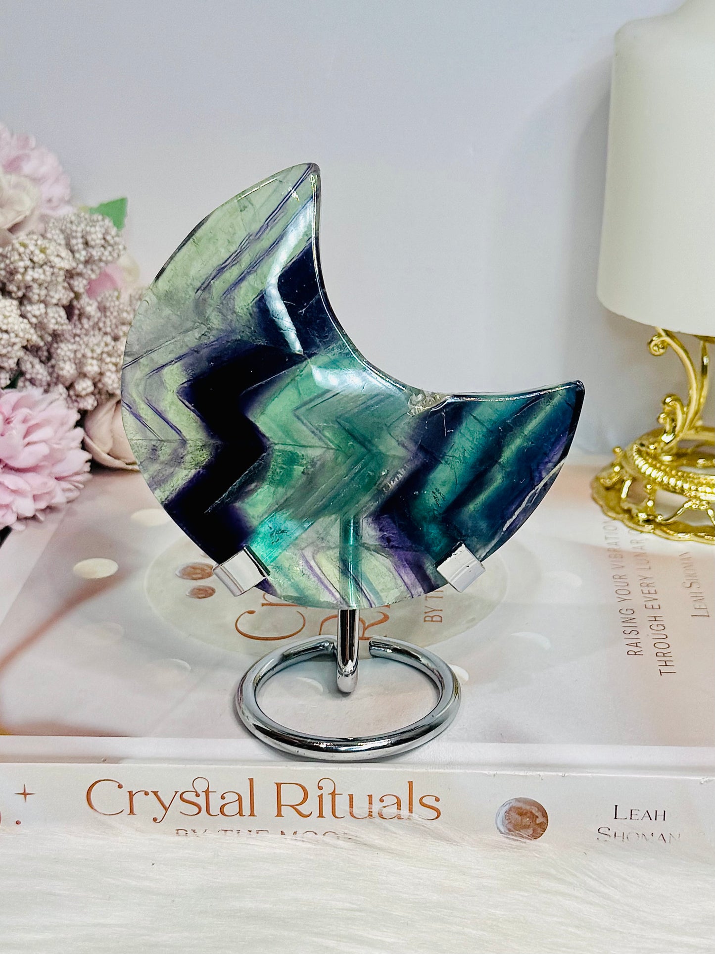 Large Rainbow Fluorite Moon 9.5cm On Stand (reduced moon has chip)