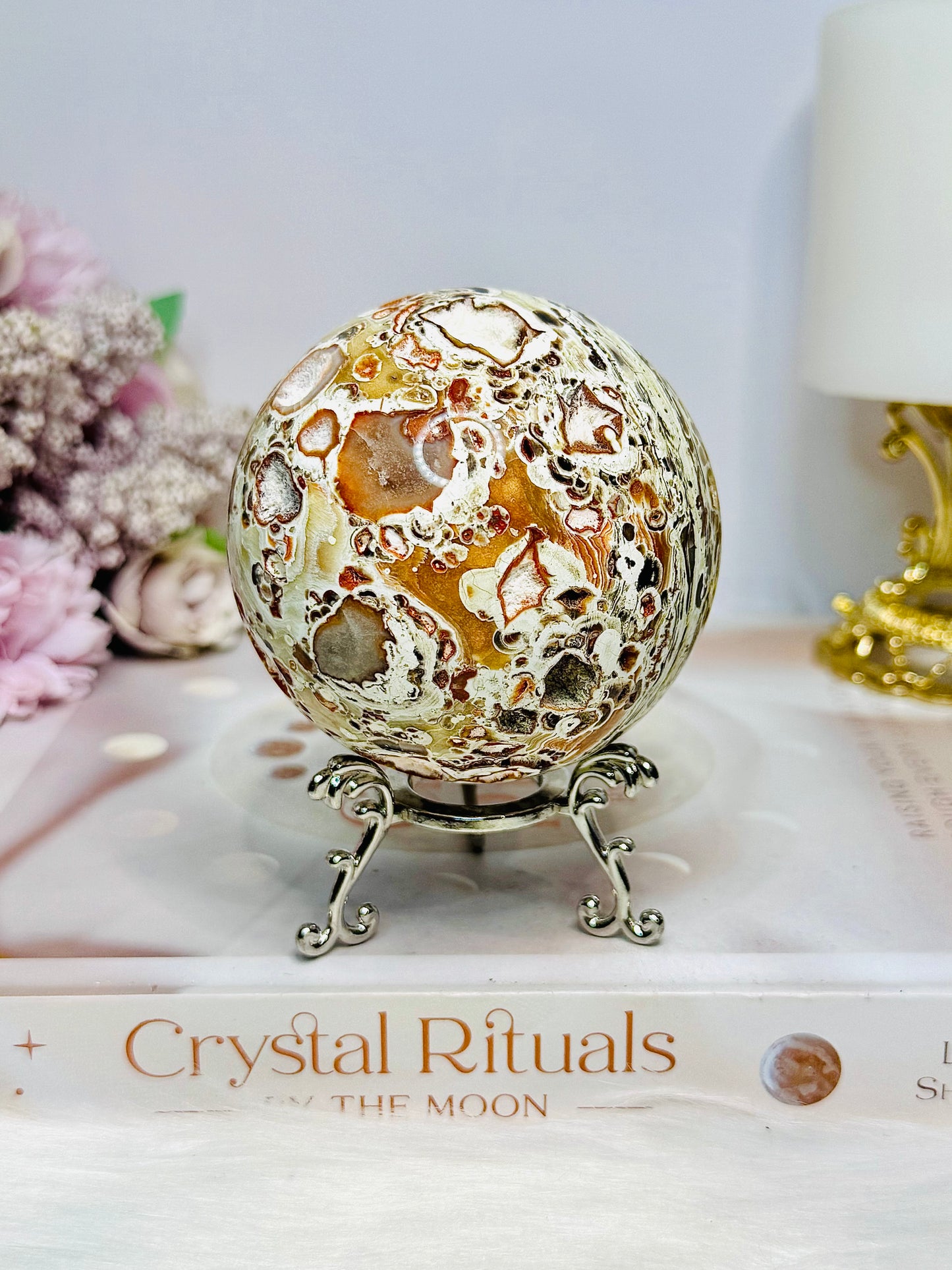 Large Money Agate Druzy Sphere on Stand 389g