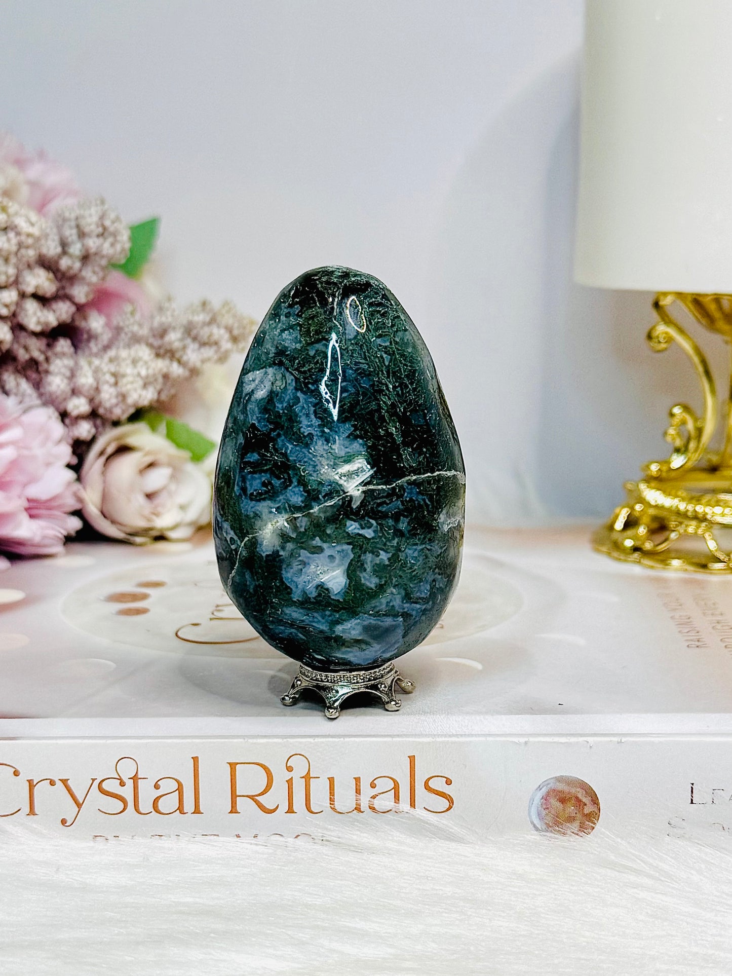Moss Agate Druzy Egg On Stand 7cm