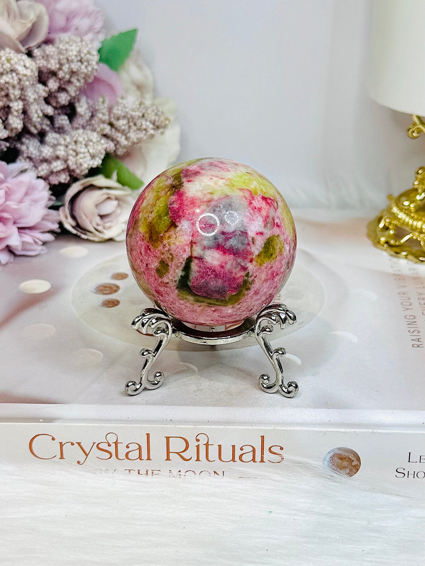 Thulite Sphere with Epidote 208g On Stand