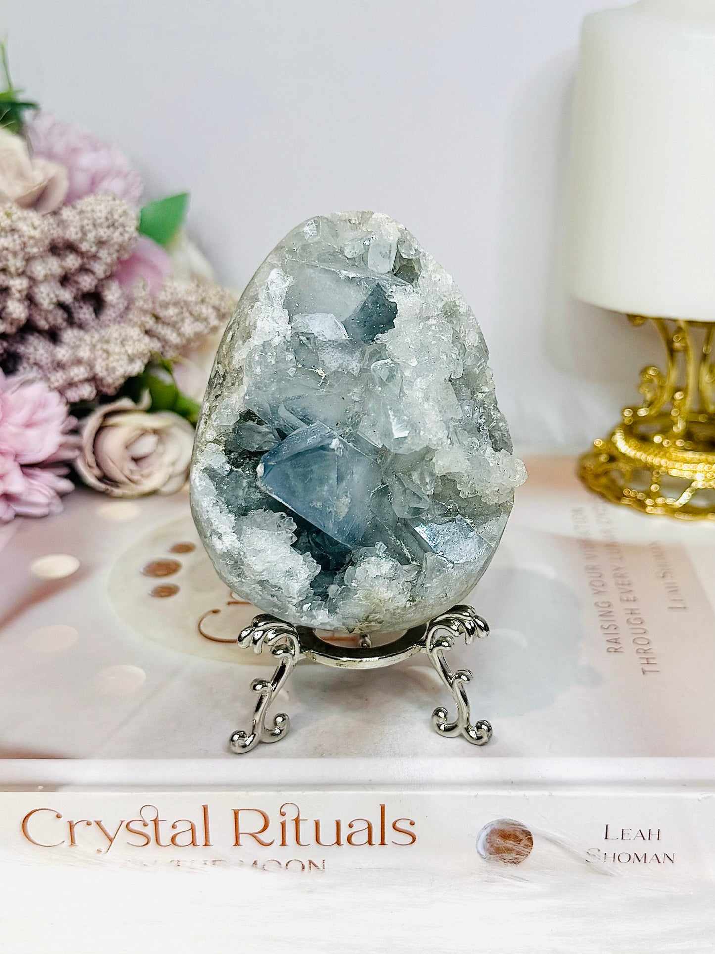 Large Blue Celestite Egg On Stand 521g