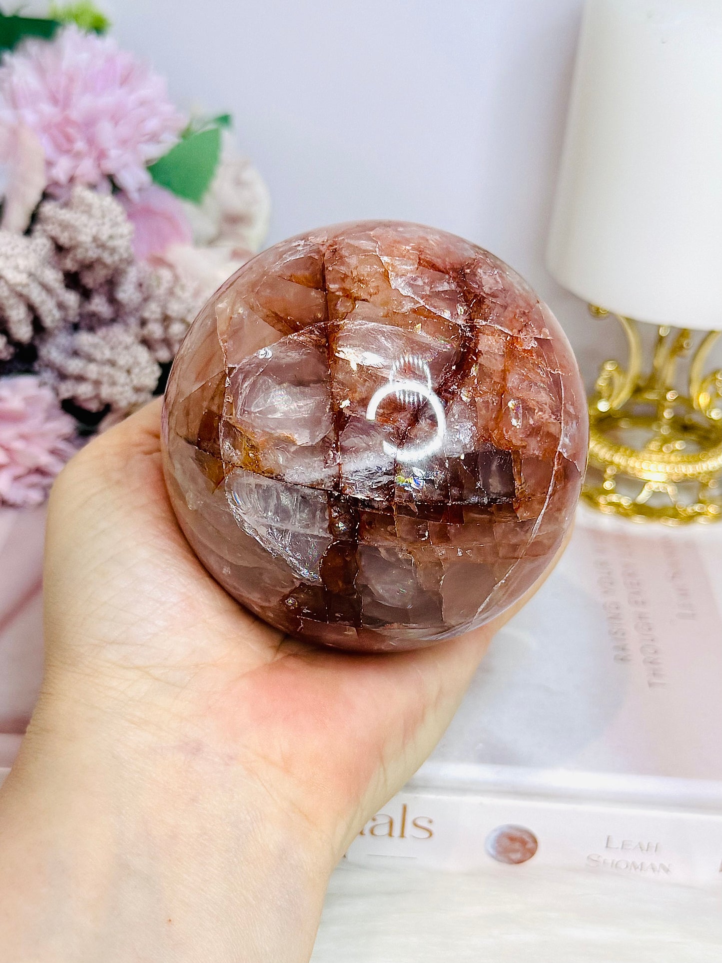 High Grade Large Fire Quartz | Hematoid Quartz Sphere with Rainbows on Stand 725g