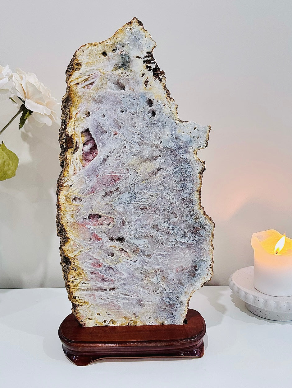 Classy & Fabulous ~ The Most Stunning Huge 46cm 4.5KG Druzy Pink Amethyst Slab | Platter Full of Crystallisation & Rutile Formation Absolutely Stunning (Timber stand is removable)