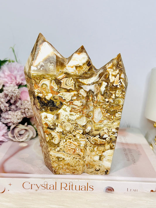 Large Cherry Amber Agate Druzy Triple Tower 15cm Tall 1.09KG