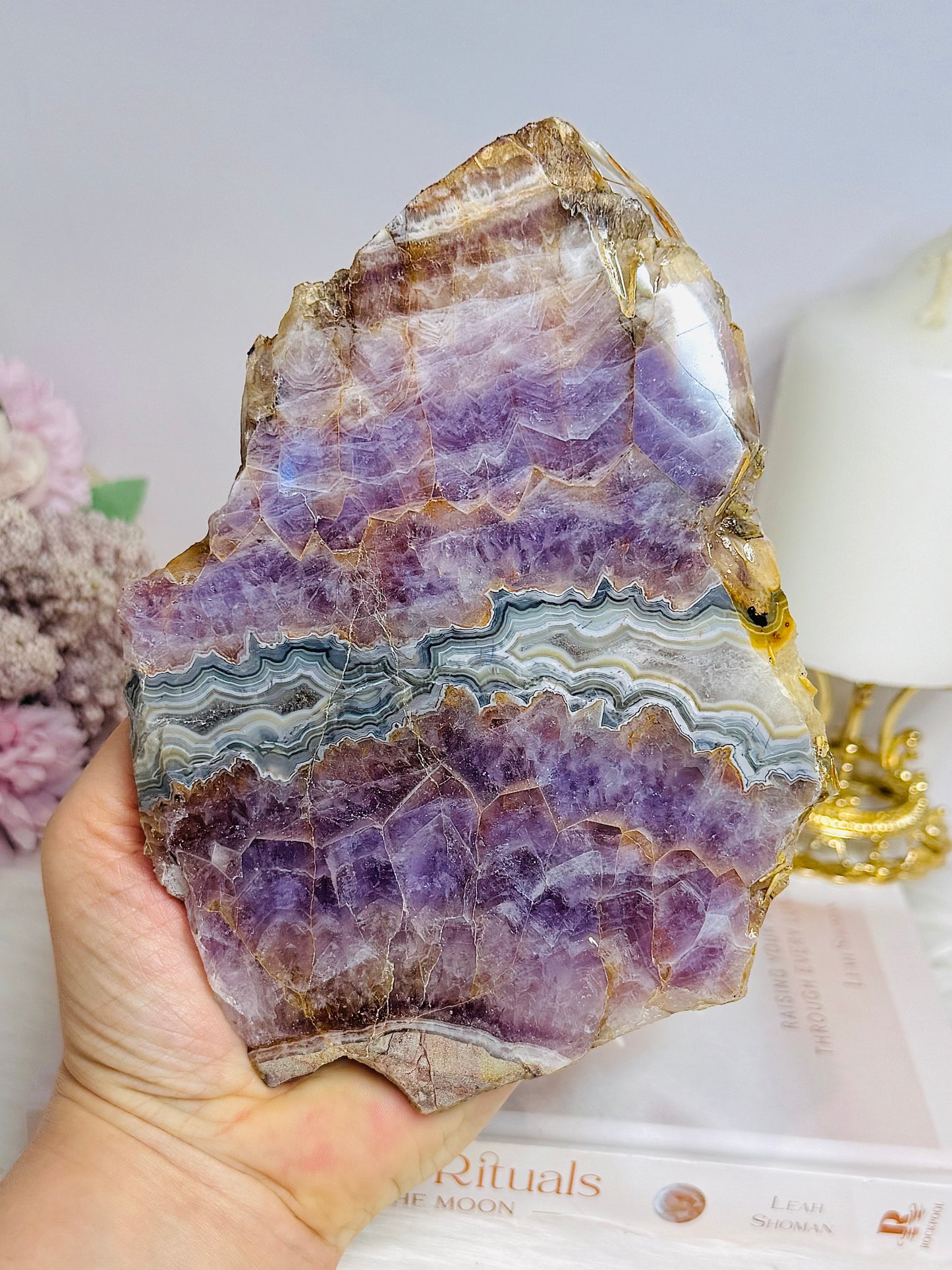 Large Natural Crazy Lace Amethyst Slab 16cm On Stand