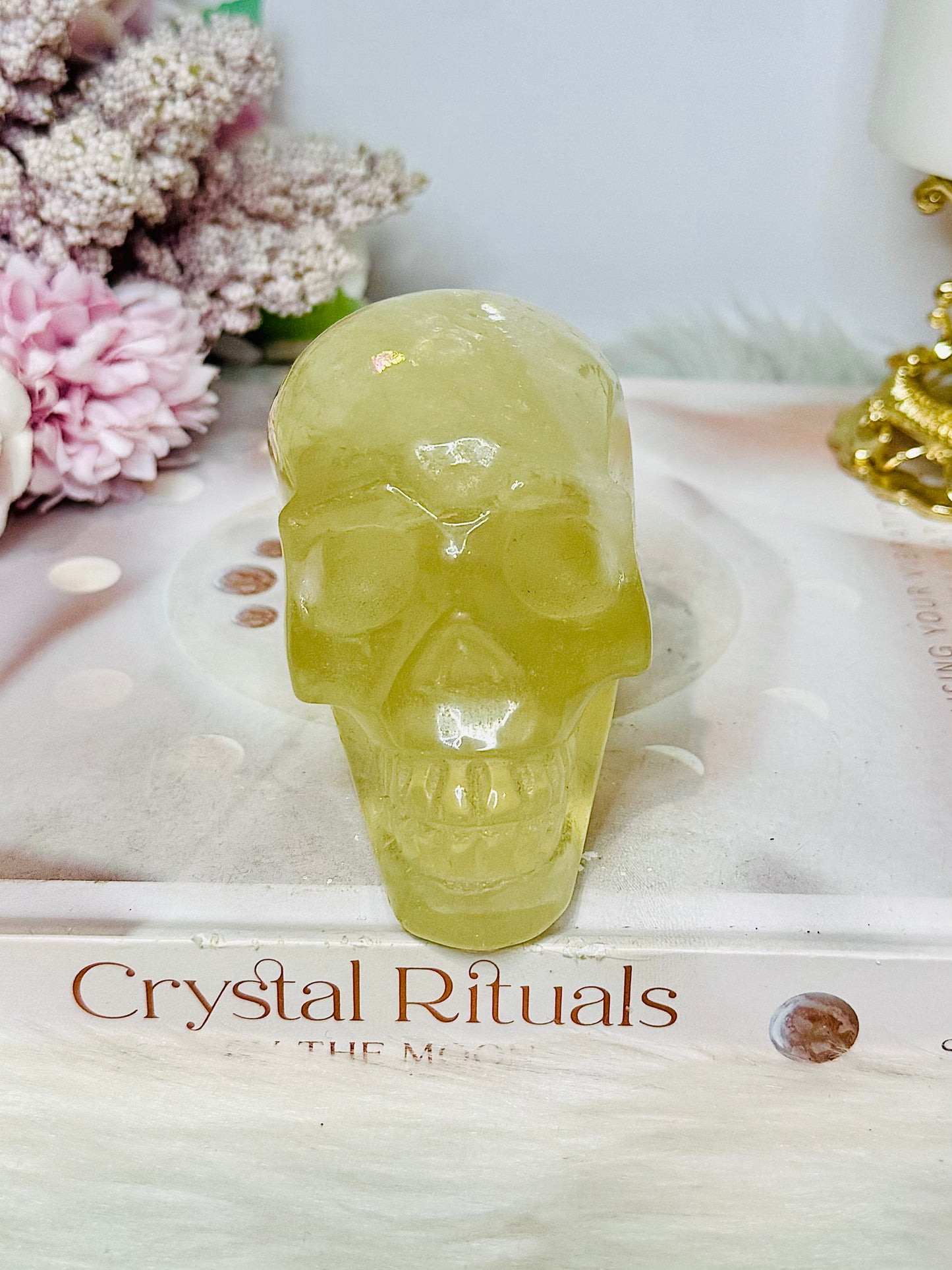 Citrine Carved Skull with Rainbows 8cm 399g