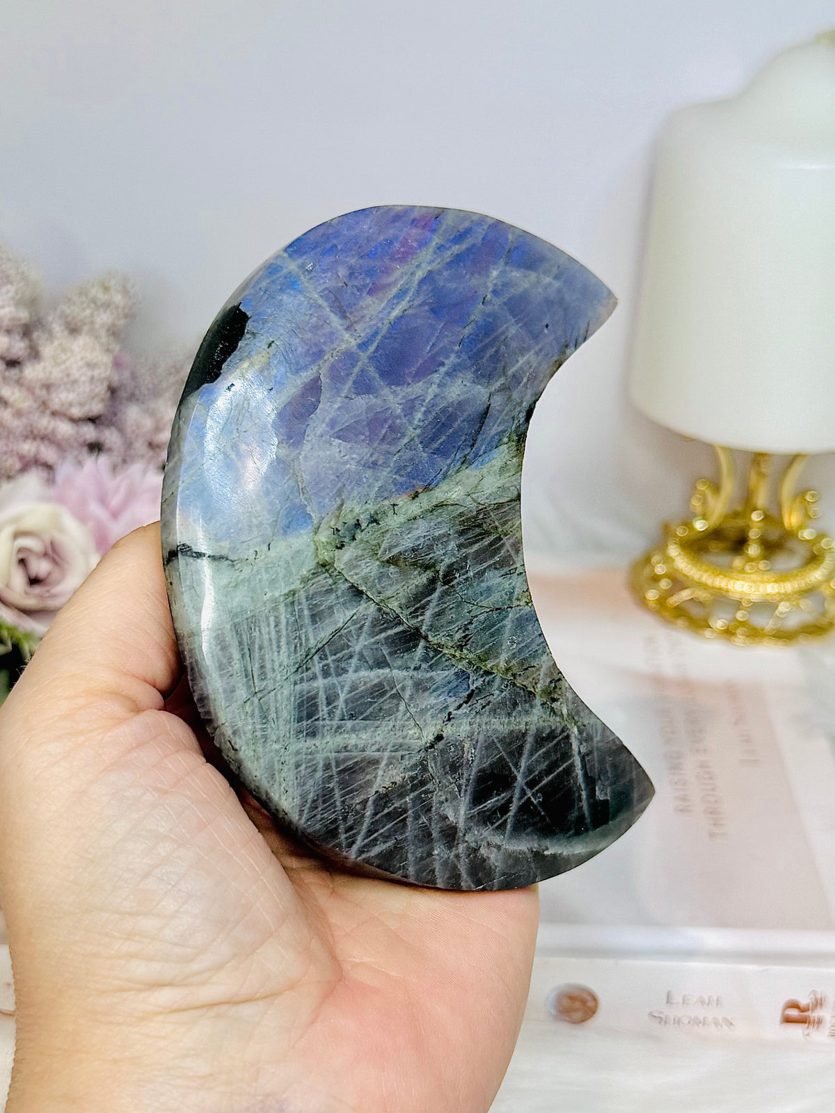 Purple Flash Labradorite Moon on Stand 12cm