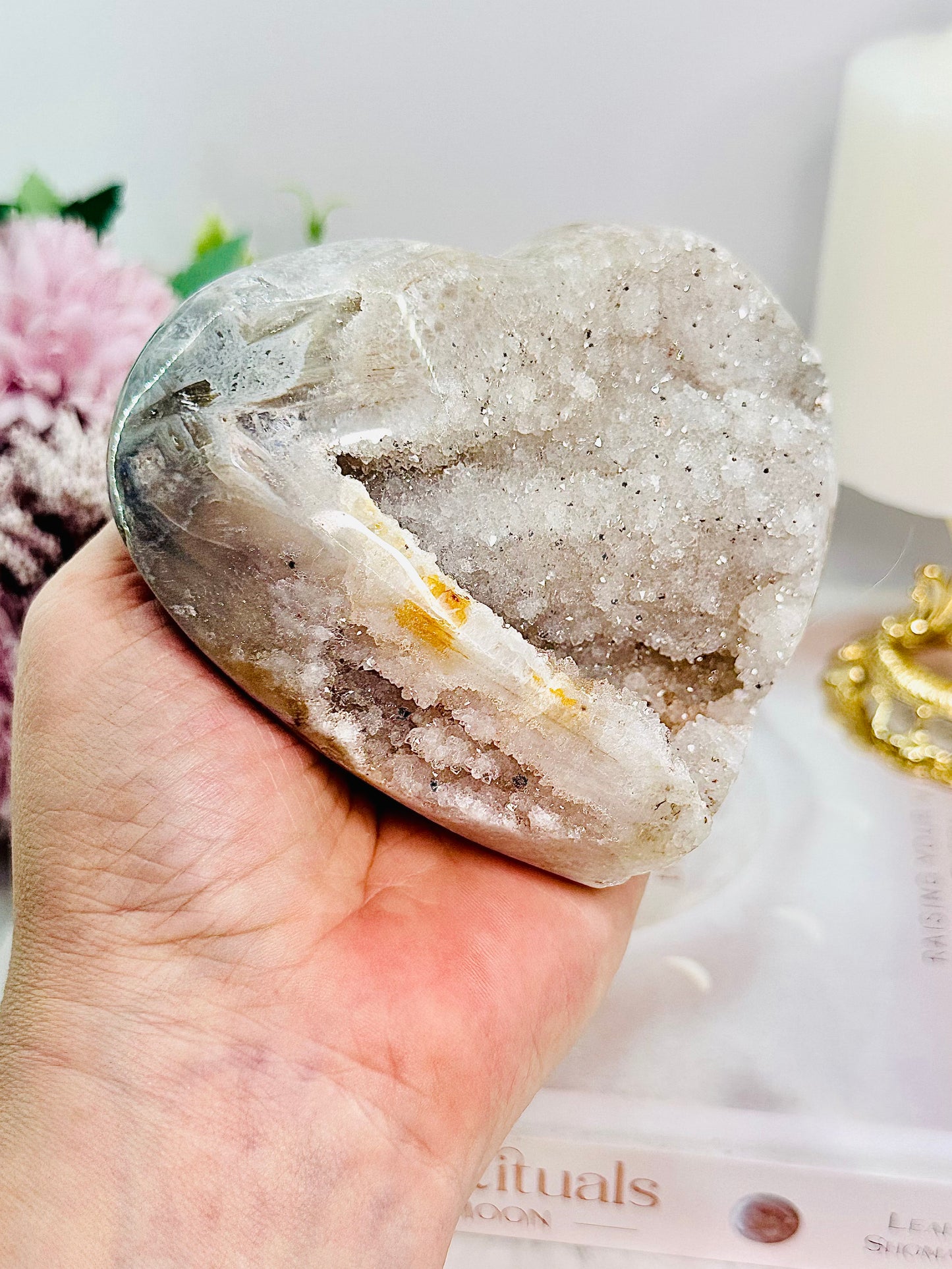 Absolutely Divine Large Chunky Druzy Agate Heart On Silver Stand 564grams