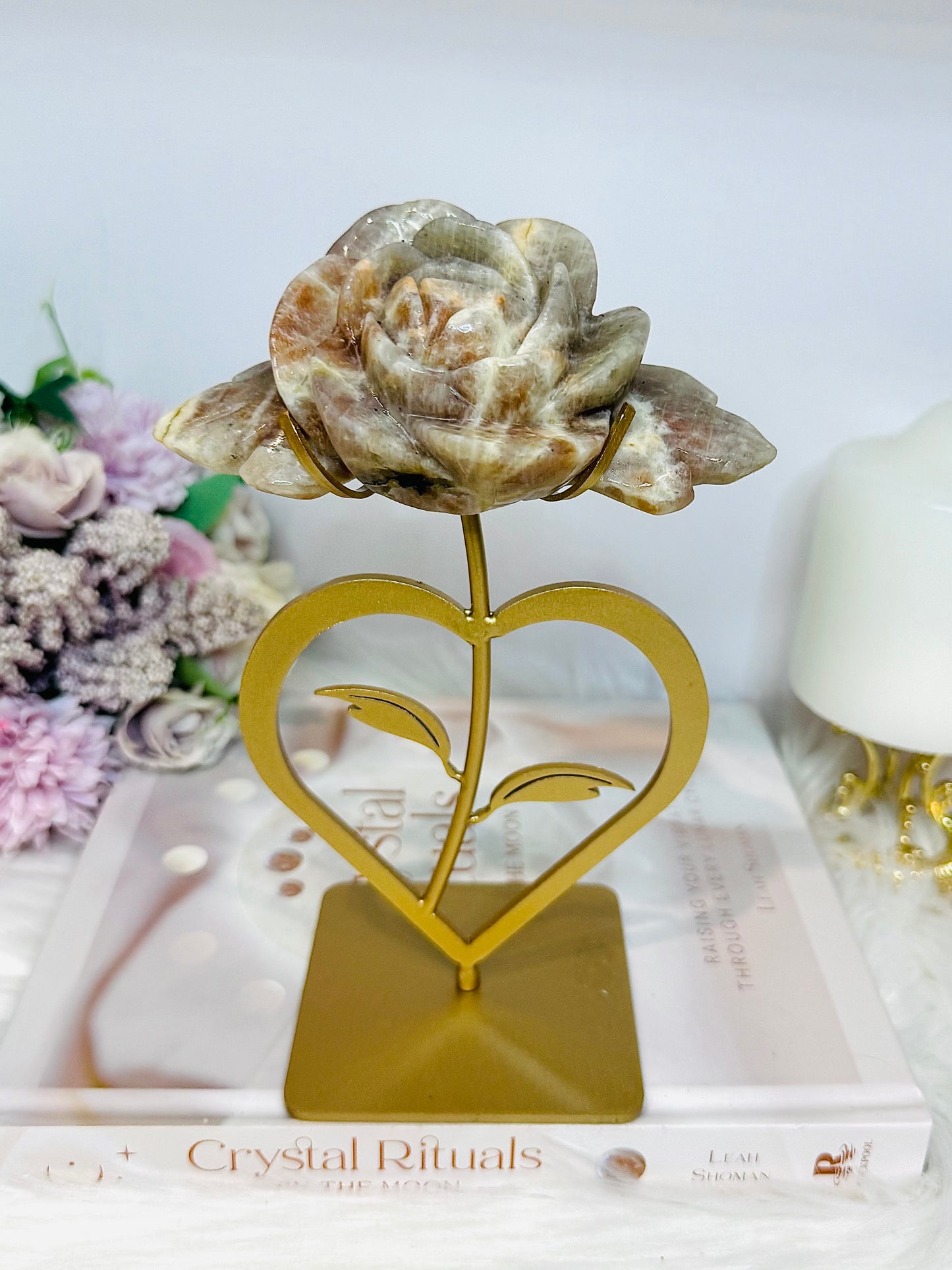 Large High Grade Moonstone Rose With Flash on Gold Stand 18cm