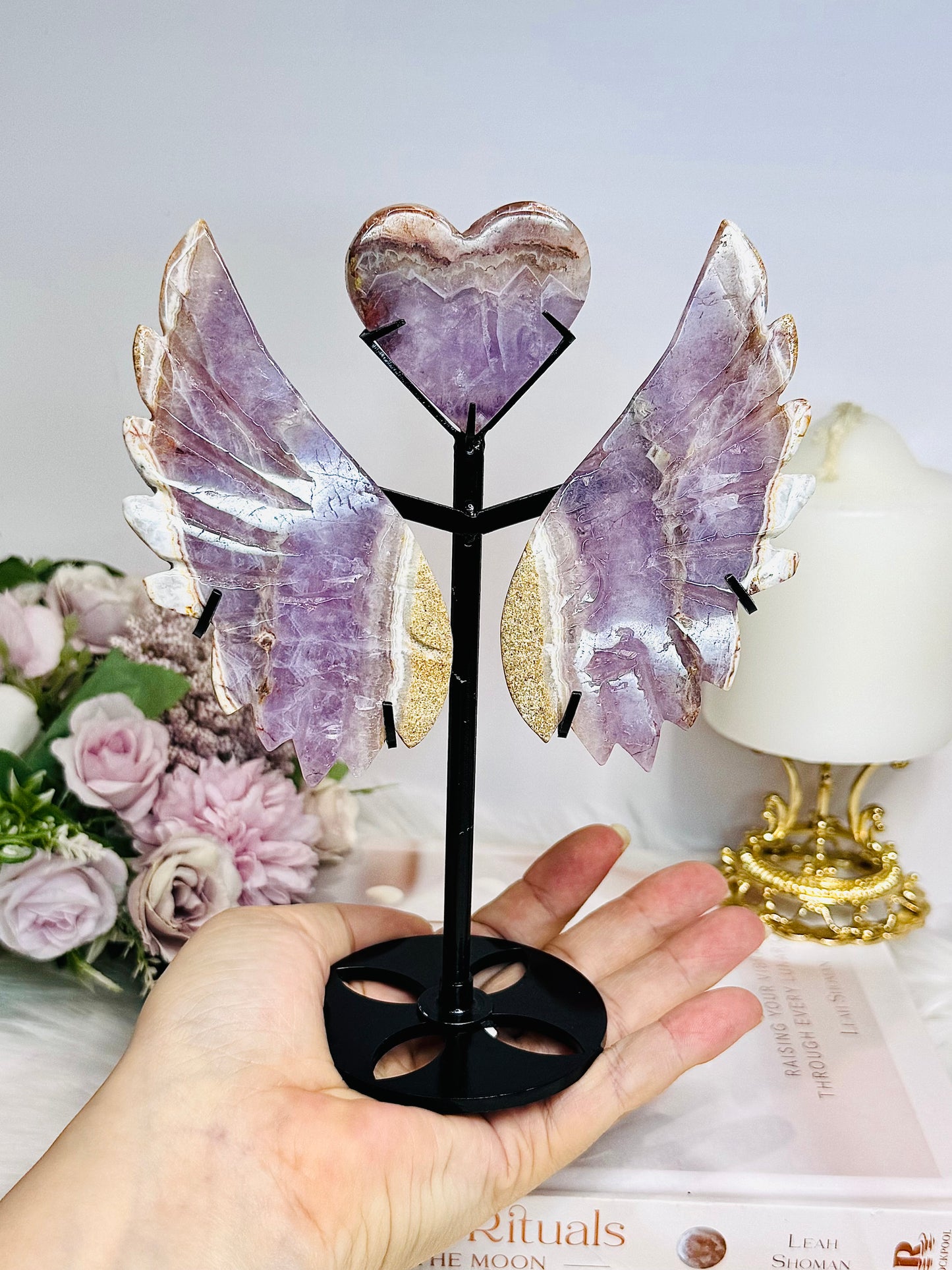 Crazy Lace Amethyst Carved Heart with Angel Wings on Stand 19cm