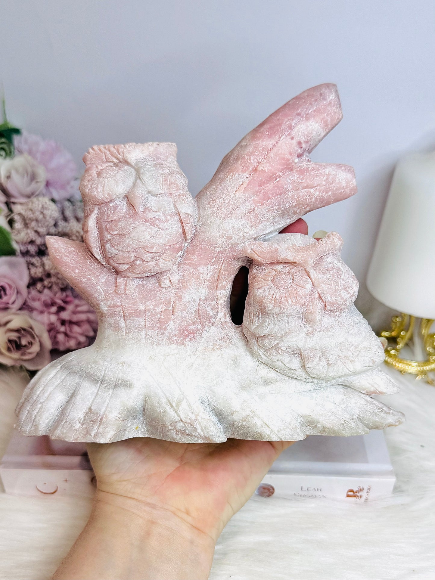 ✨ SALE ✨ Incredibly Carved Huge Pink Opal Owls 17.5cm 1.36KG