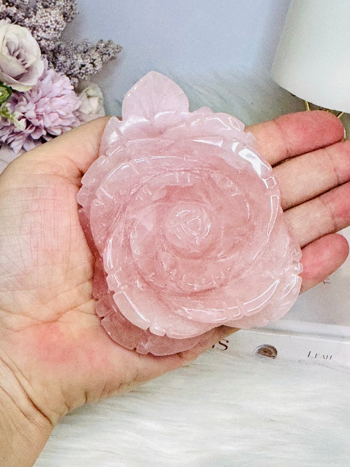 Large Rose Quartz Carved Rose 10cm
