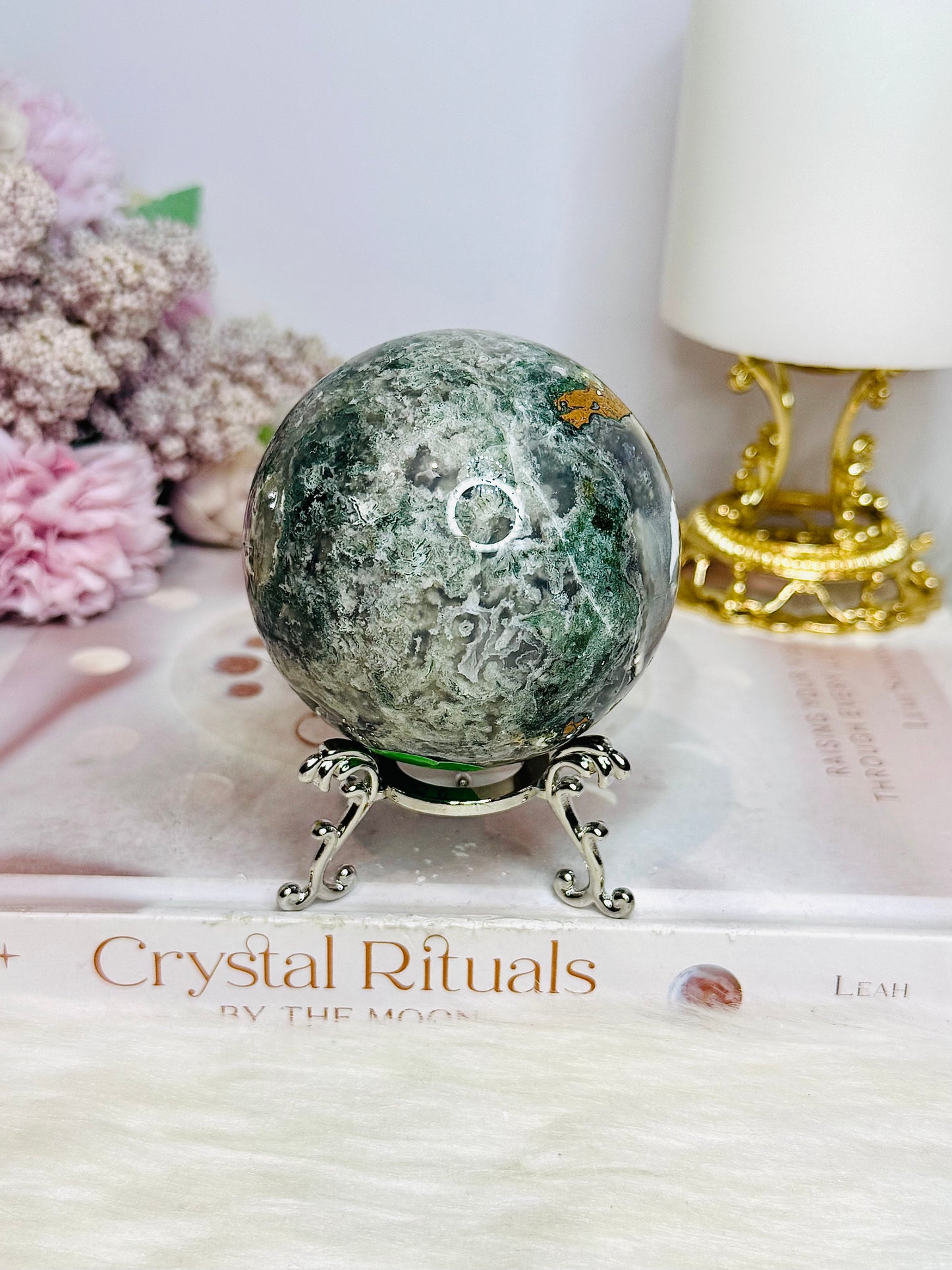 Moss Agate Druzy Sphere On Stand 373g