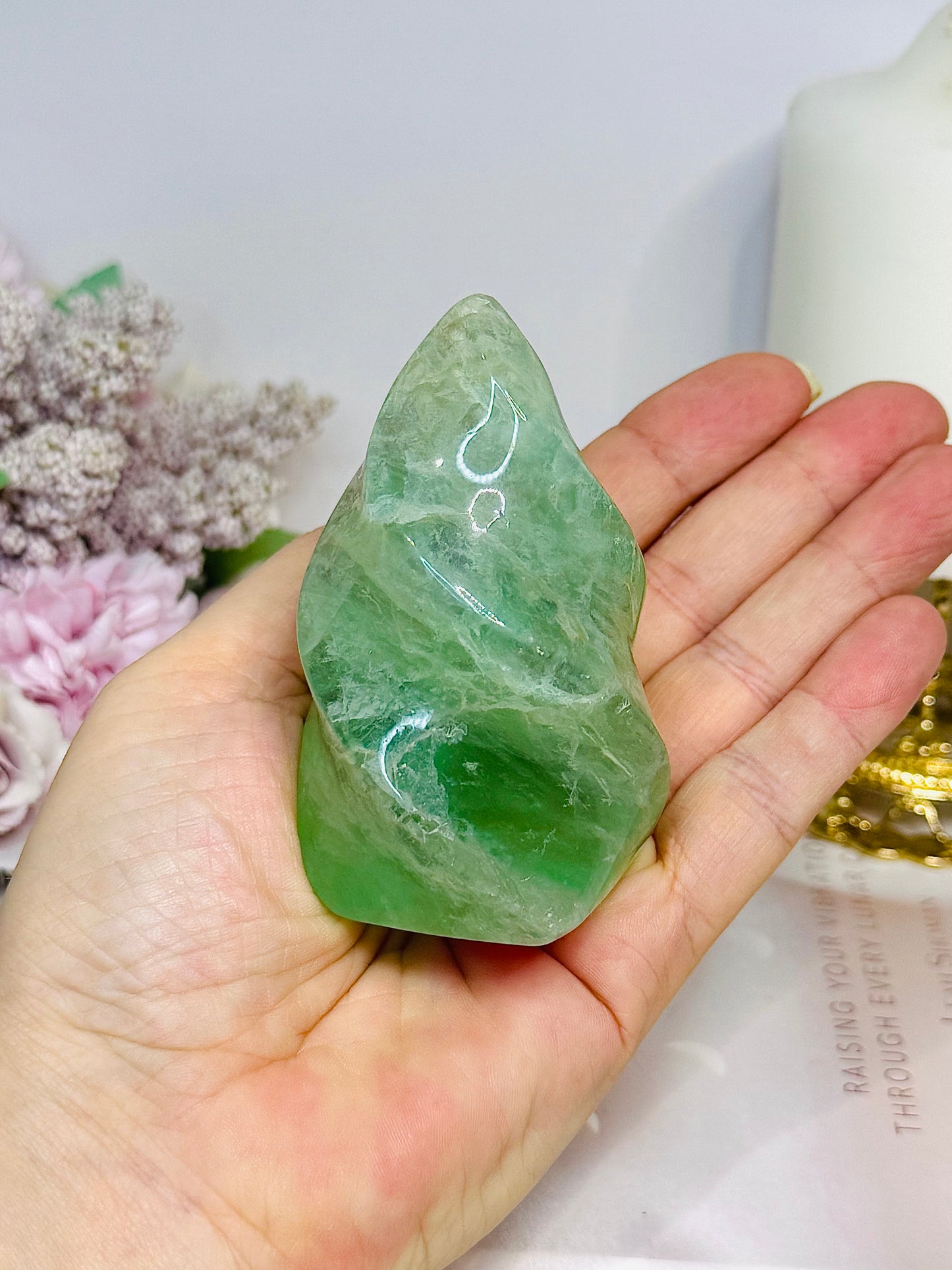 Green Fluorite Carved Flame 8cm 269g