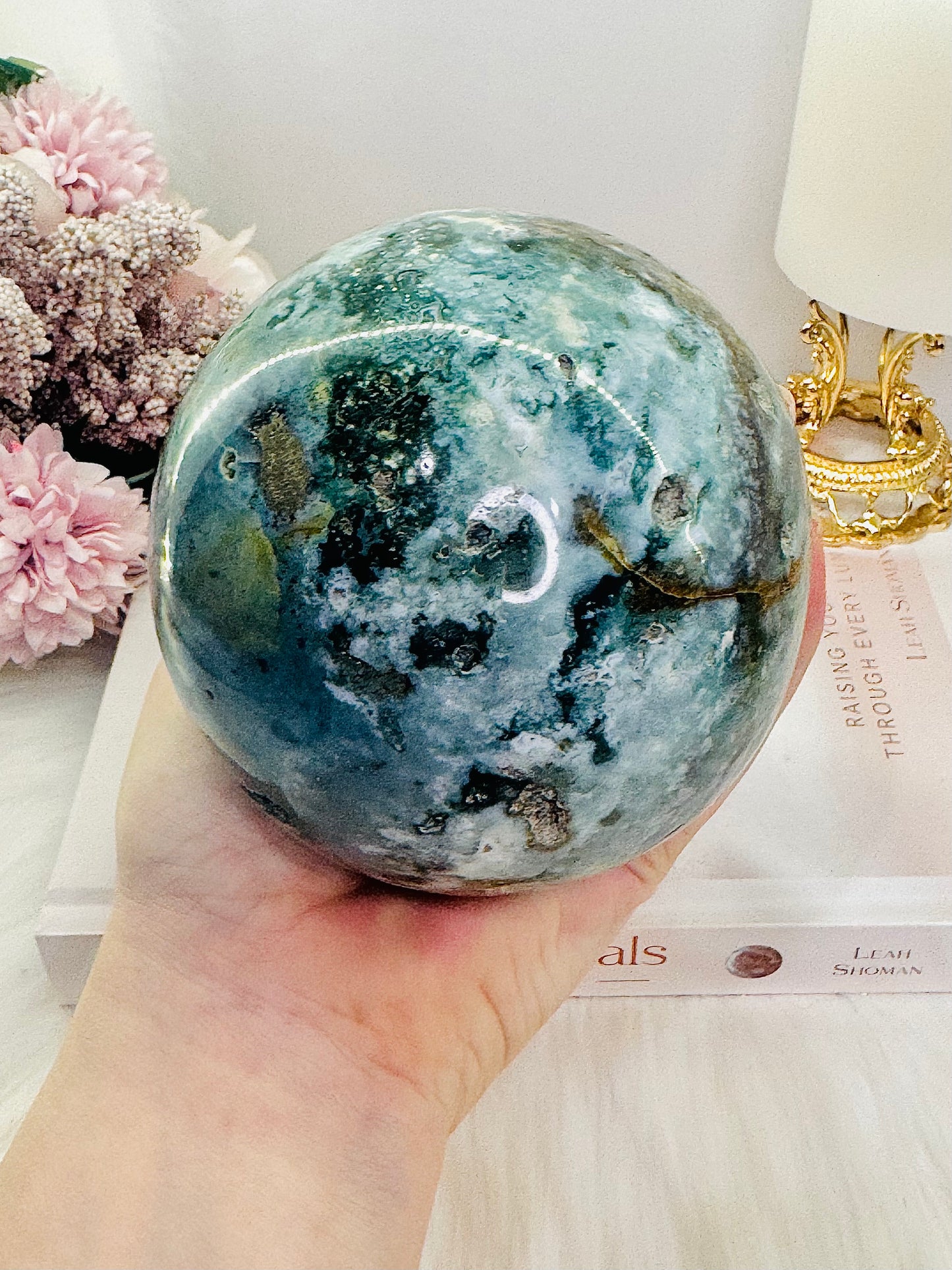 Divine Huge 1.43KG Natural Ocean Jasper Druzy Sphere On Stand