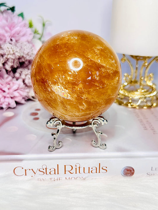Absolutely Stunning Large Honey Calcite Sphere with Shine & Rainbows 589grams On Stand