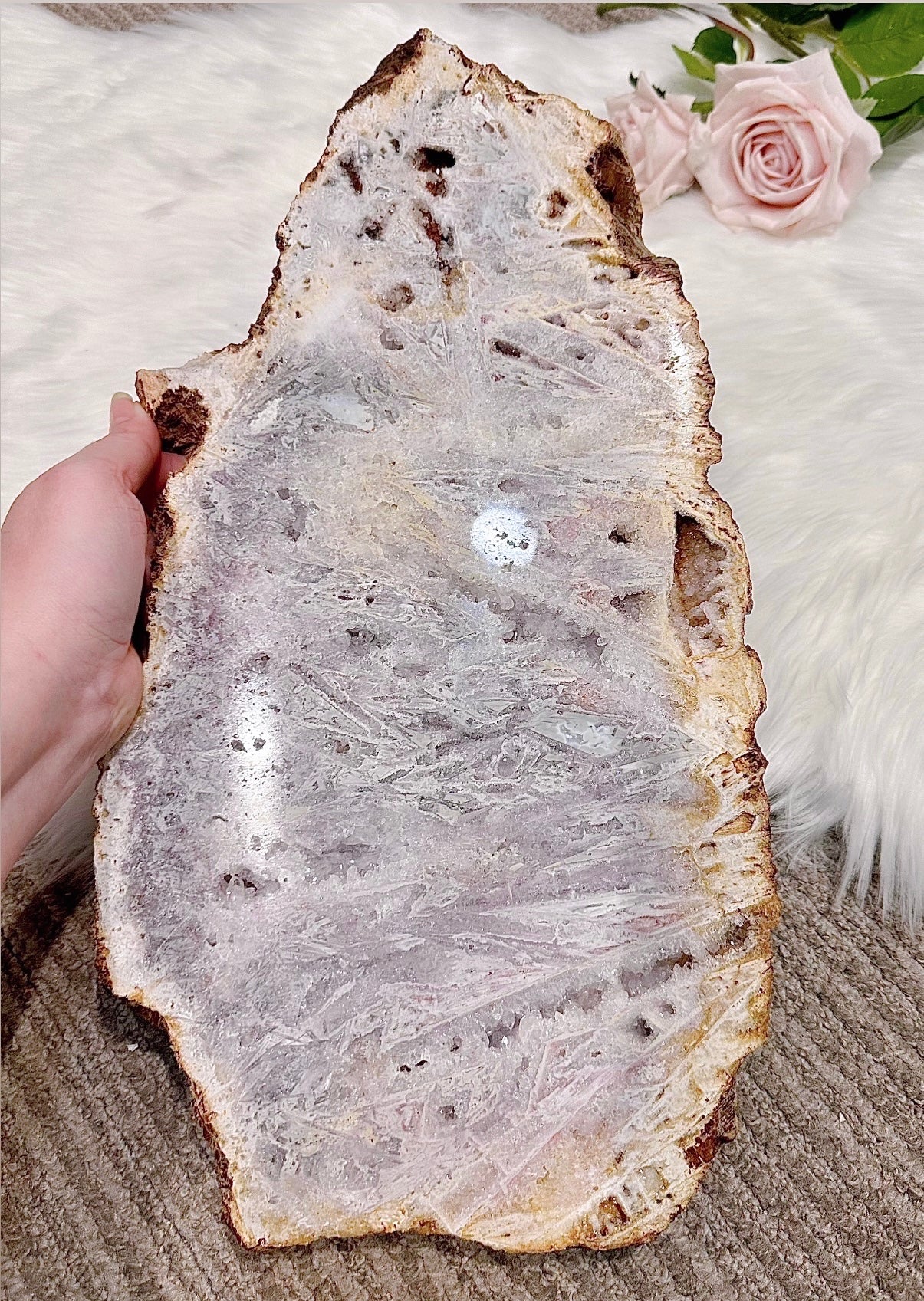 Classy & Fabulous ~ The Most Stunning Huge 46cm 4.5KG Druzy Pink Amethyst Slab | Platter Full of Crystallisation & Rutile Formation Absolutely Stunning (Timber stand is removable)