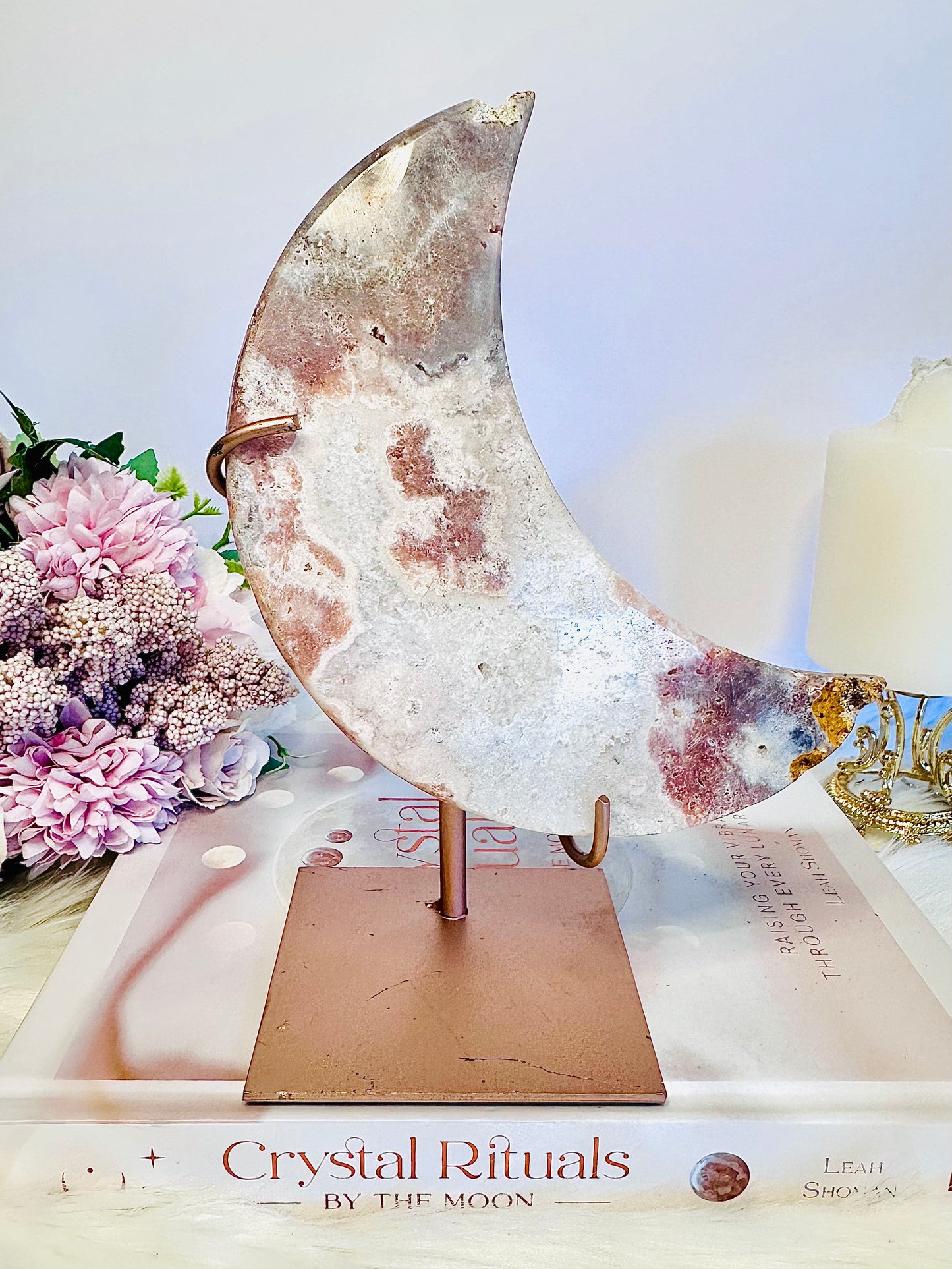 ⚜️ SALE ⚜️ Classy & Fabulous Large 19cm (Inc Stand) 559gram Druzy Pink Amethyst Carved Moon On Rose Gold Stand From Brazil (Discontinued as scratch on stand)