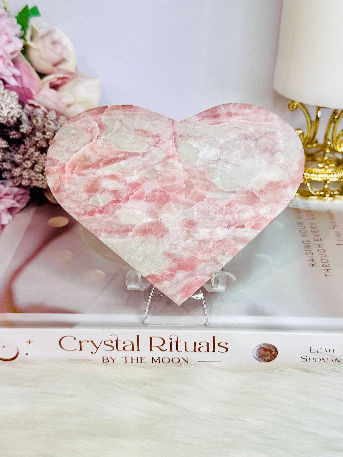 Gorgeous Large Natural Pink Opal Carved Heart On Stand 12cm