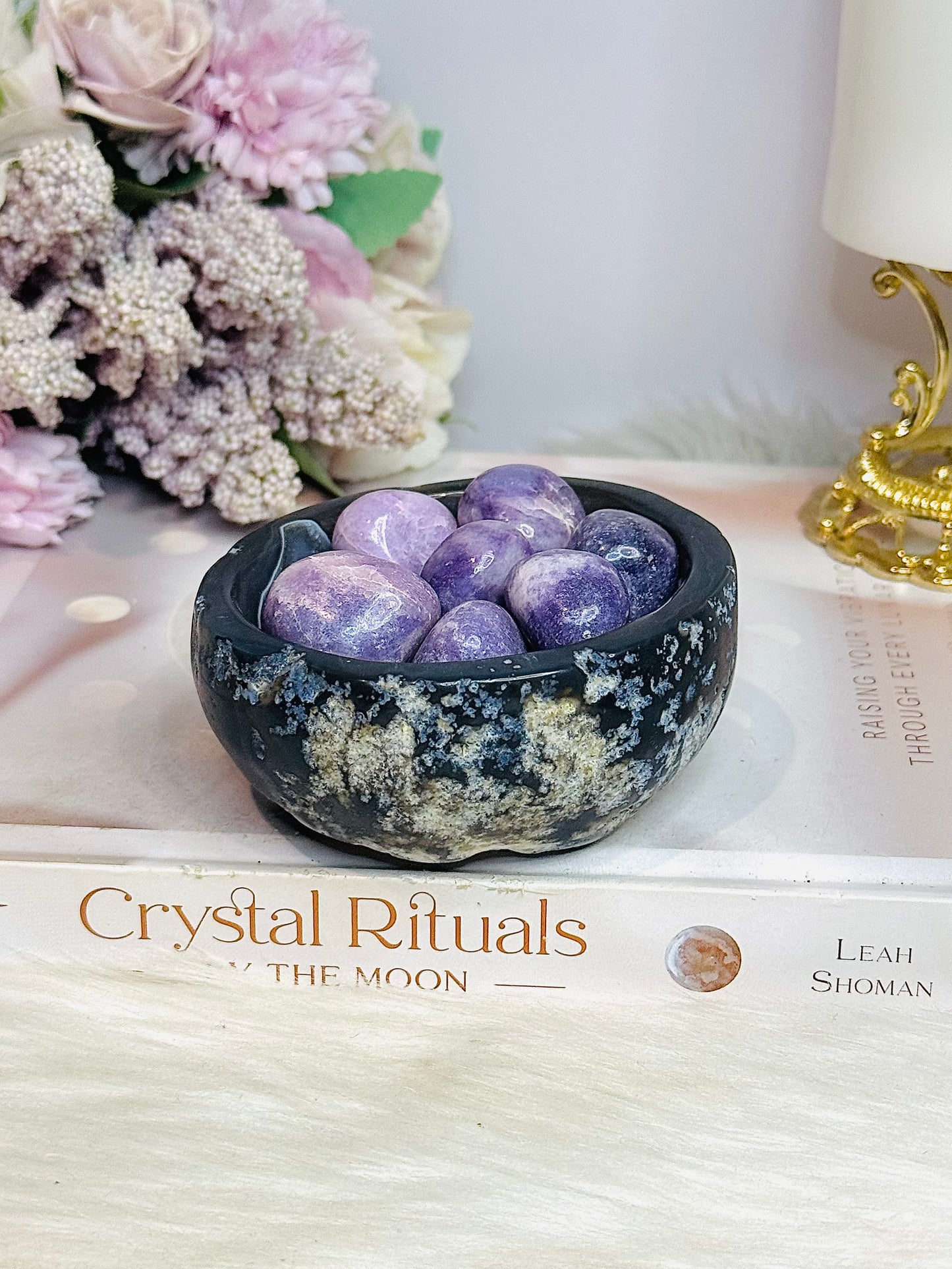 Natural Agate Carved Bowl Filled with Lepidolite Tumbles 426g