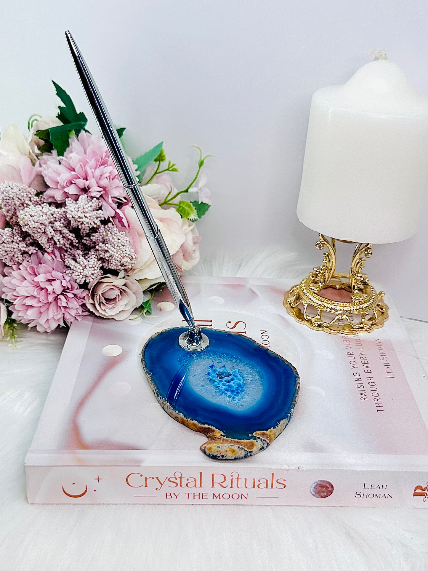 Transforms Negative to Positive ~ Perfect Desk Accessory ~ Gorgeous Blue Agate Slab Pen Holder