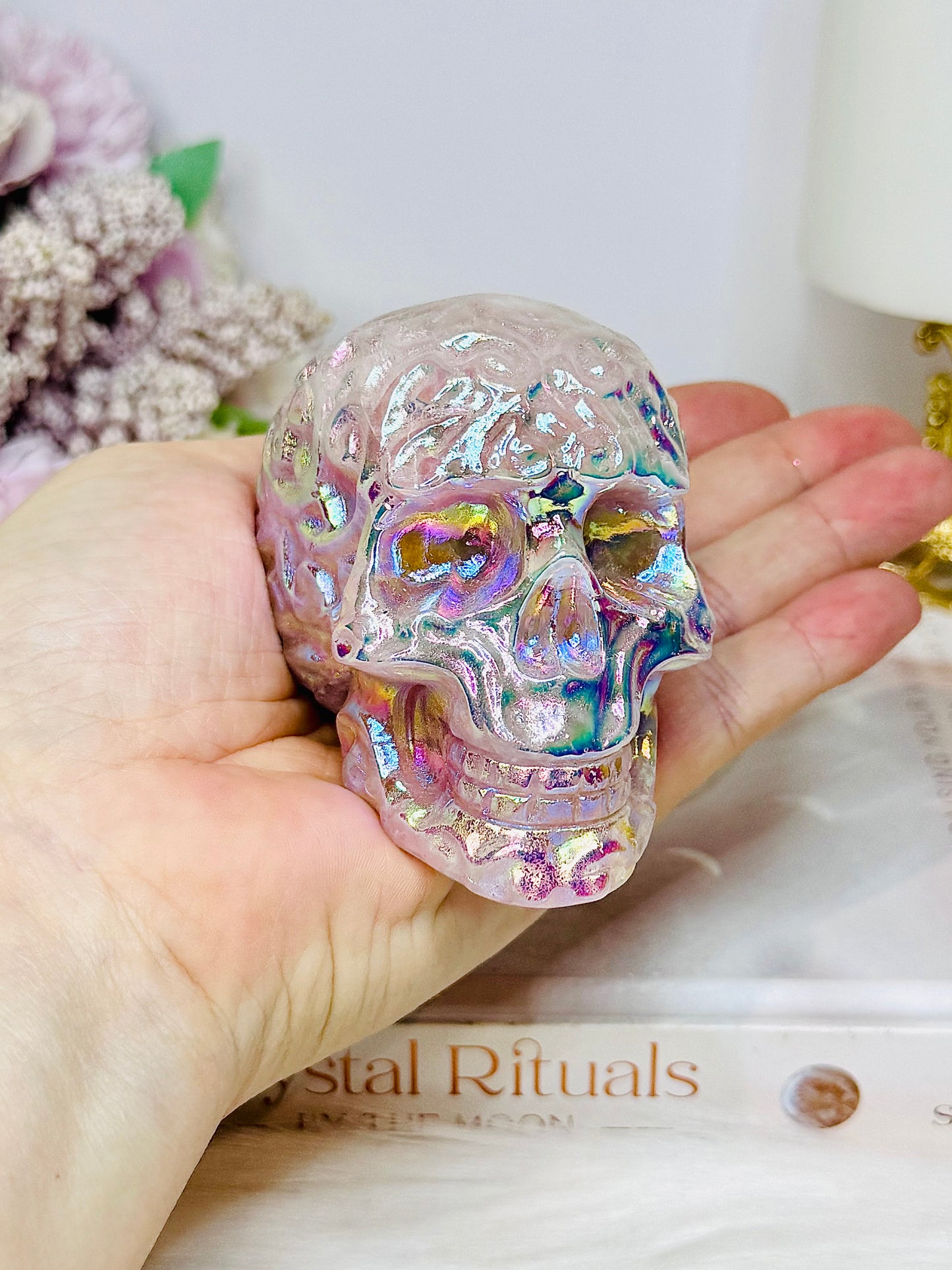 Angel Aura Rose Quartz Filigree Skull 8.5cm 349g