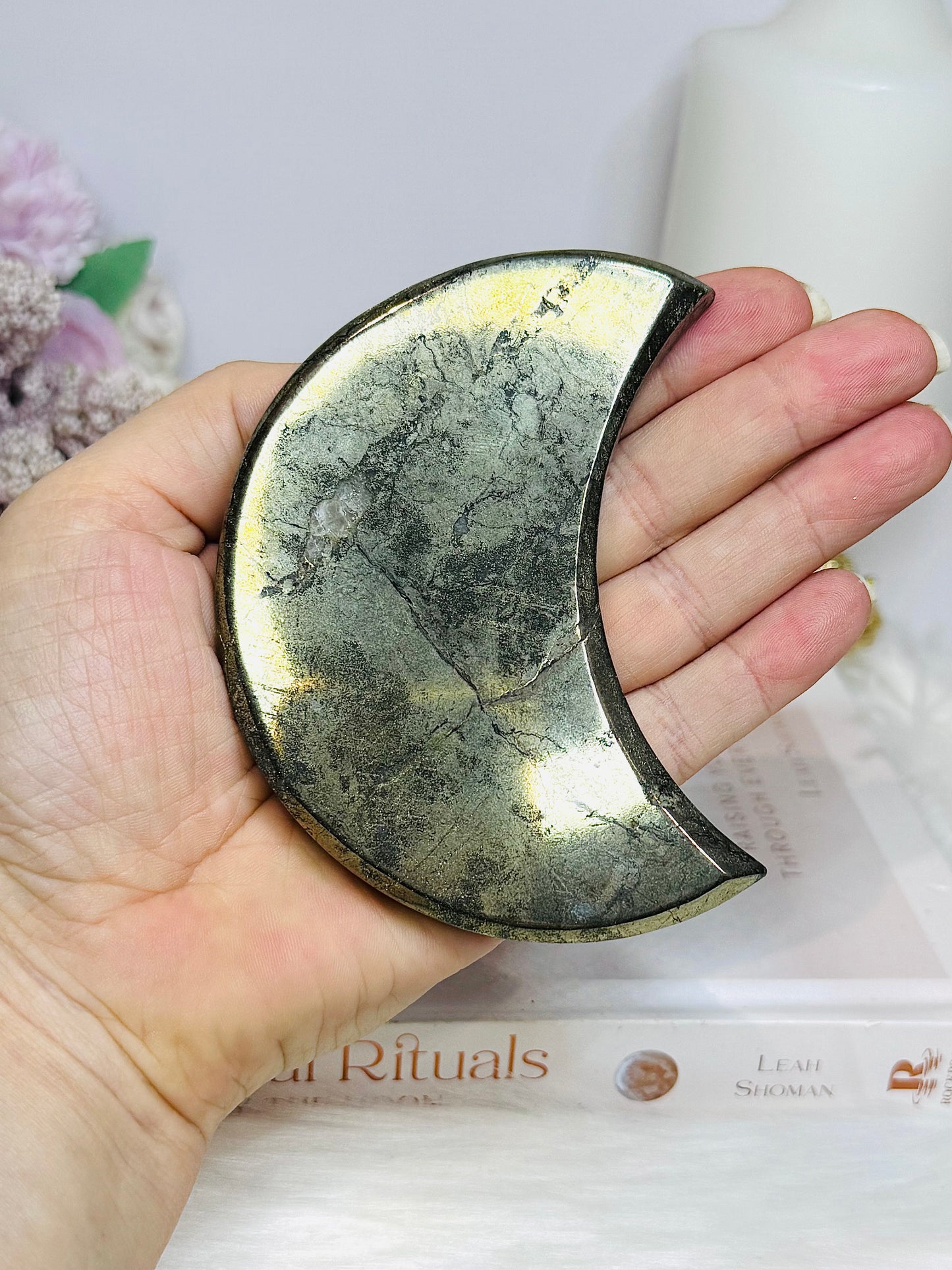 Large Pyrite Carved Moon on Stand 10cm