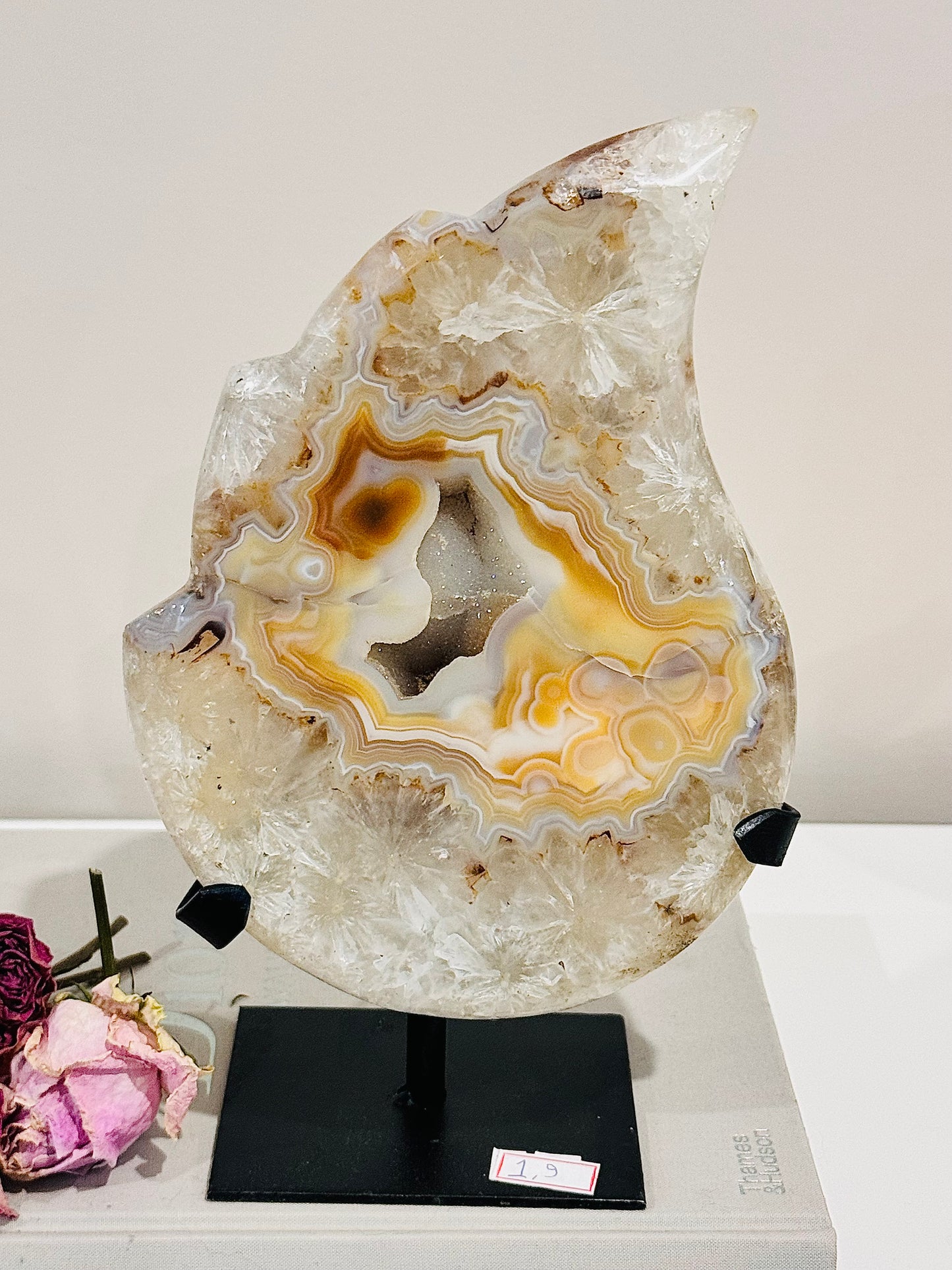 Spectacular Huge Chunky 1.8KG Druzy Agate Carved Flame On Custom Made Stand From Brazil