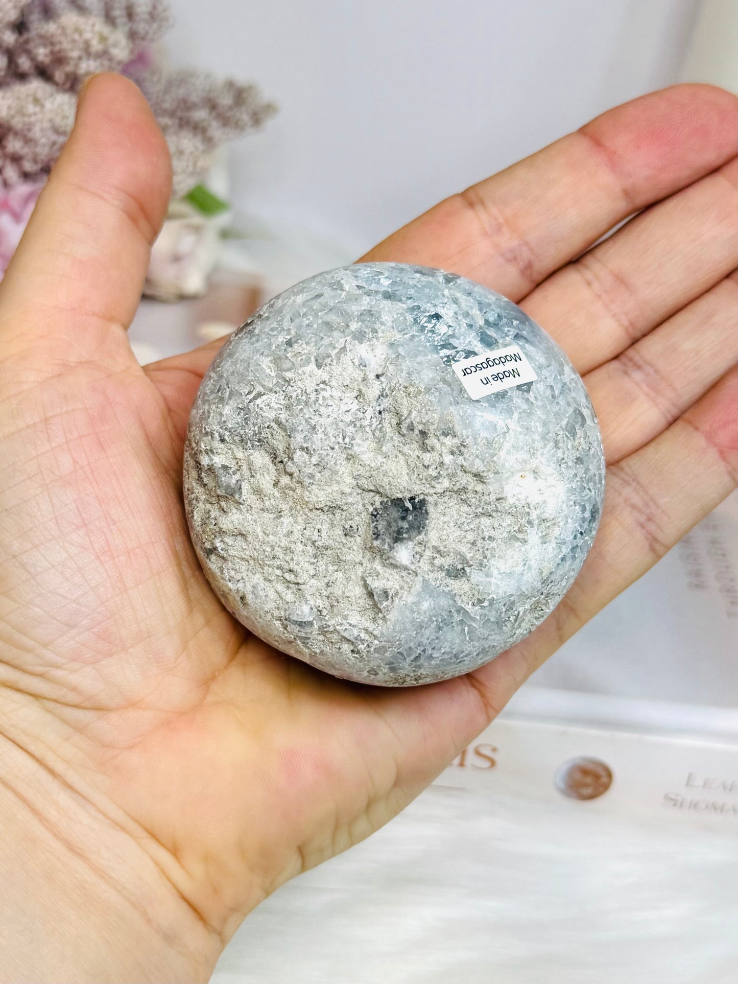Blue Celestite Round Freeform 262g On Stand