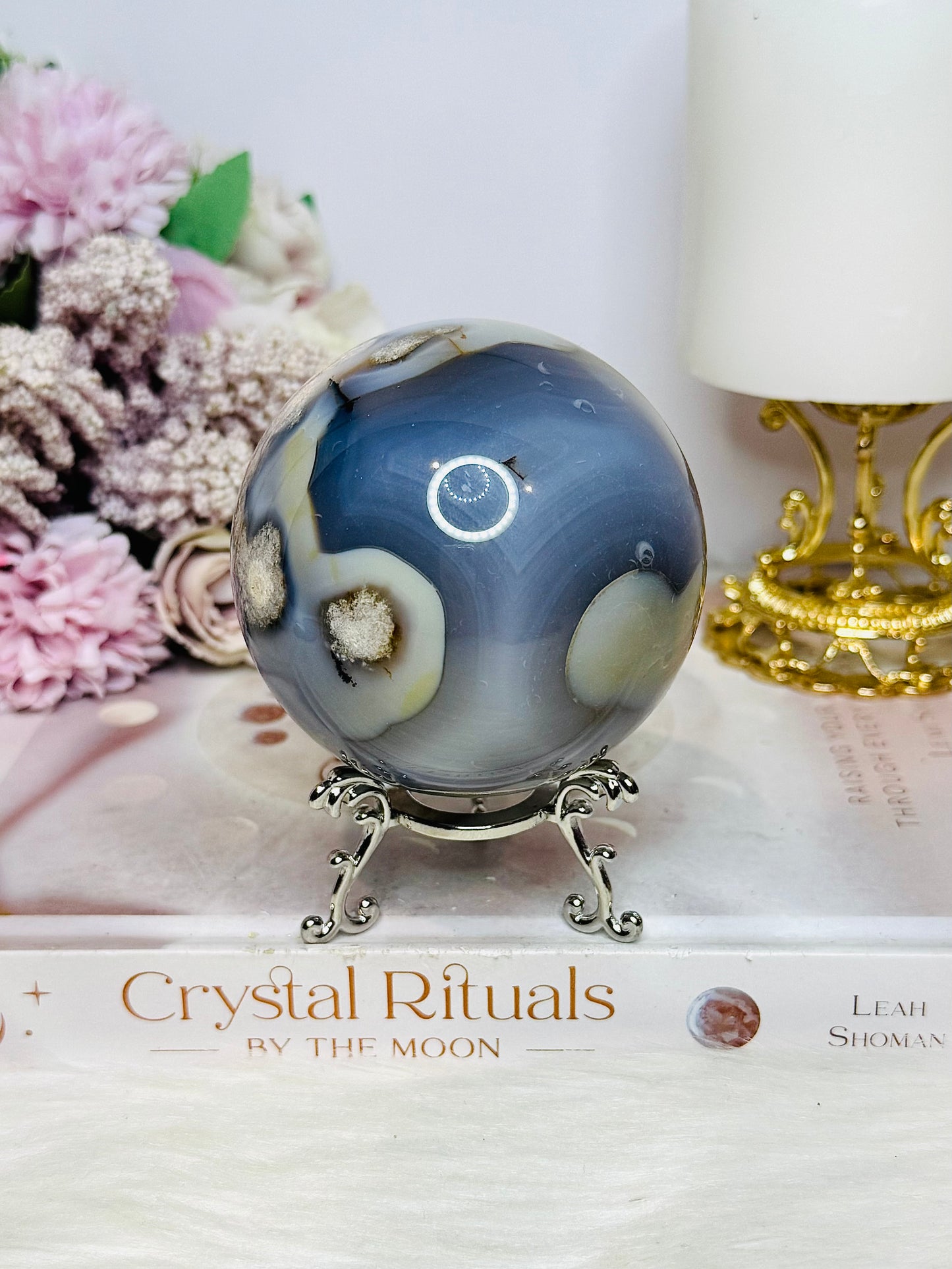 Blue Flower Agate Large Sphere 489g On Stand