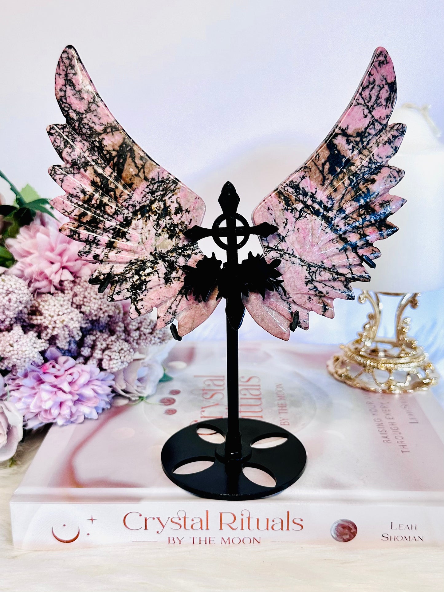 Classy & Fabulous Large 18.5cm (inc stand) Pink Rhodonite Carved Wings On Stand