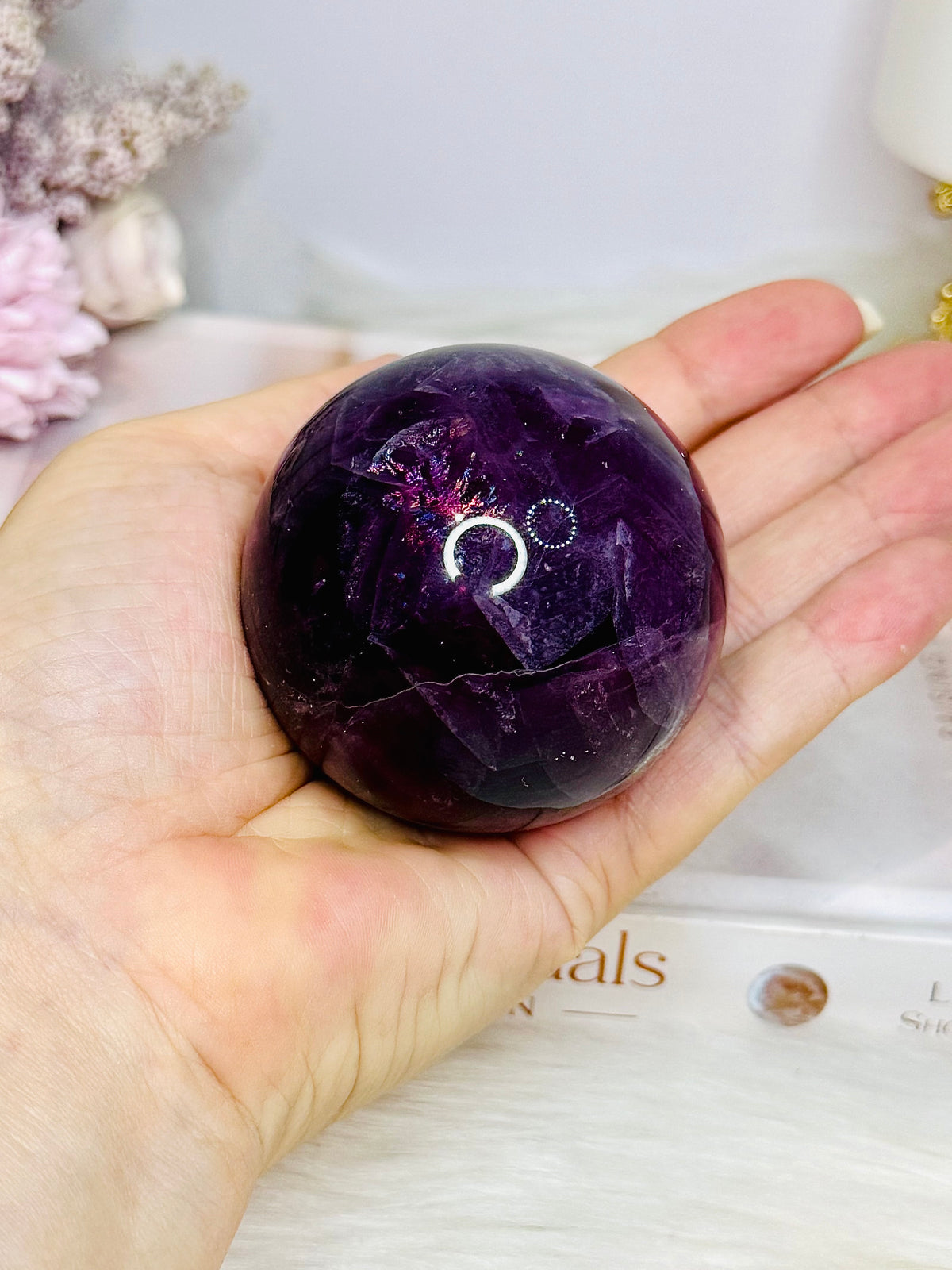 Large High Grade Purple Fluorite Sphere with Rainbows 336g