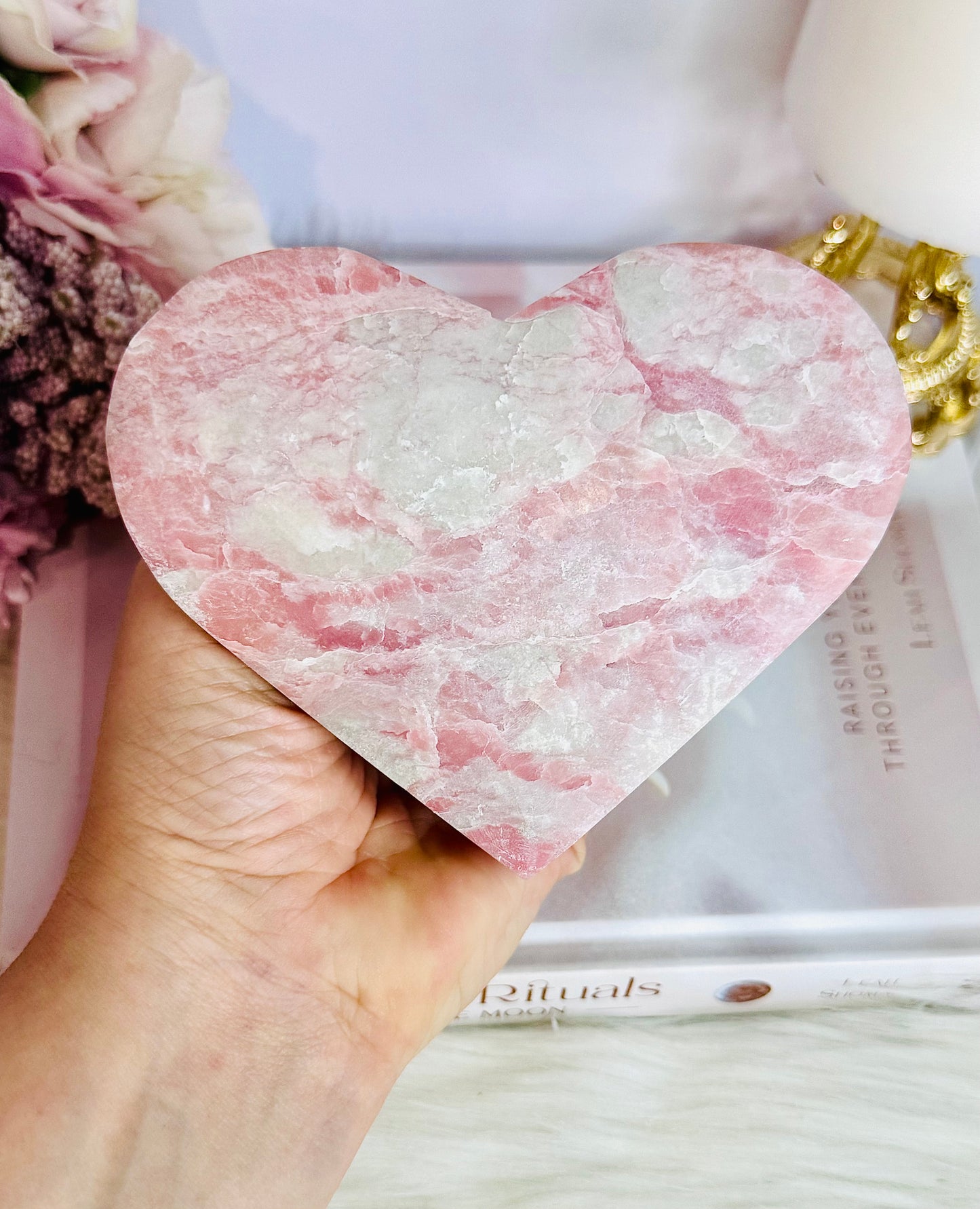 Gorgeous Large Natural Pink Opal Carved Heart On Stand 12cm