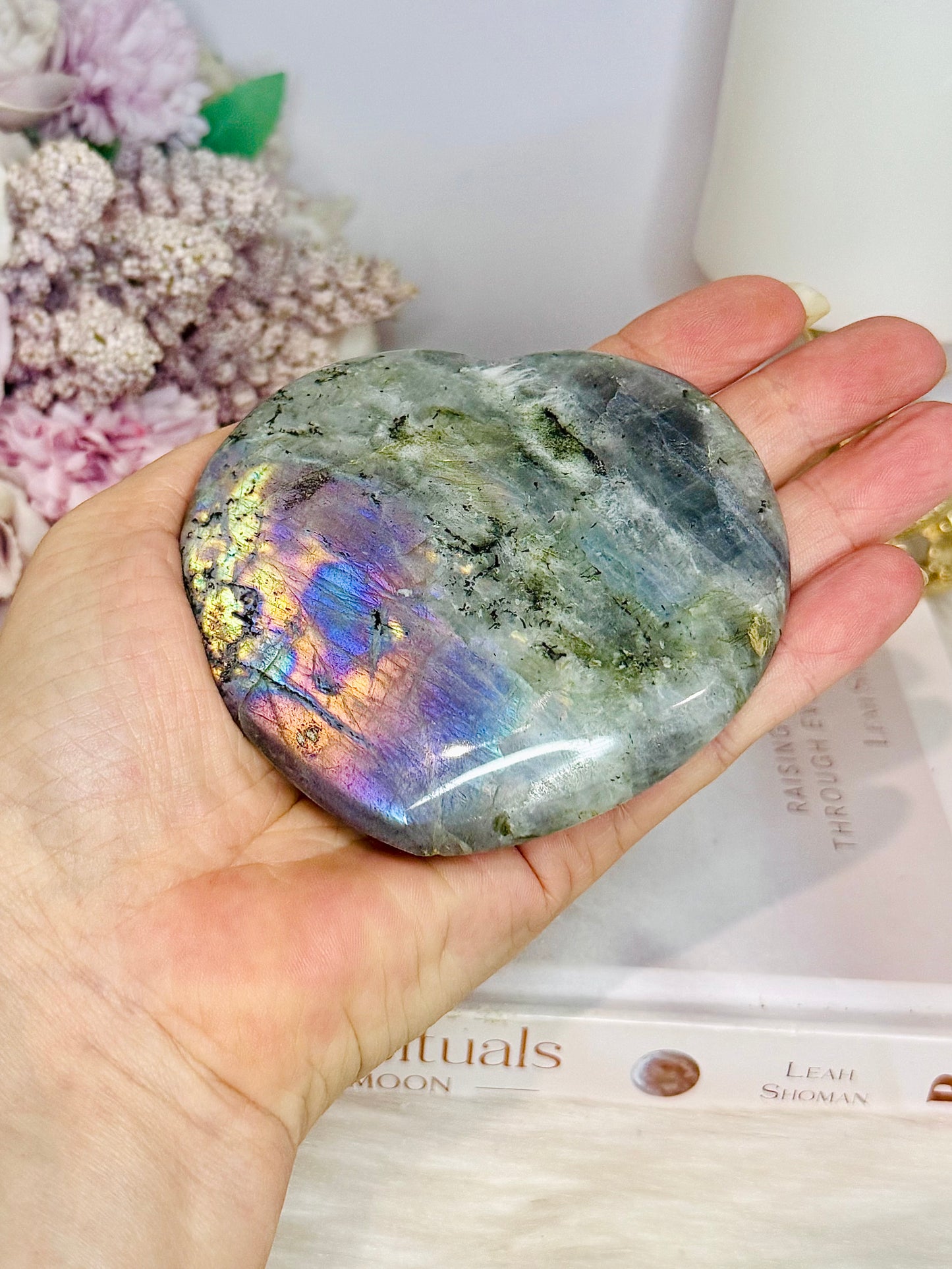 Large Labradorite Carved Heart with Purple Flash 9cm