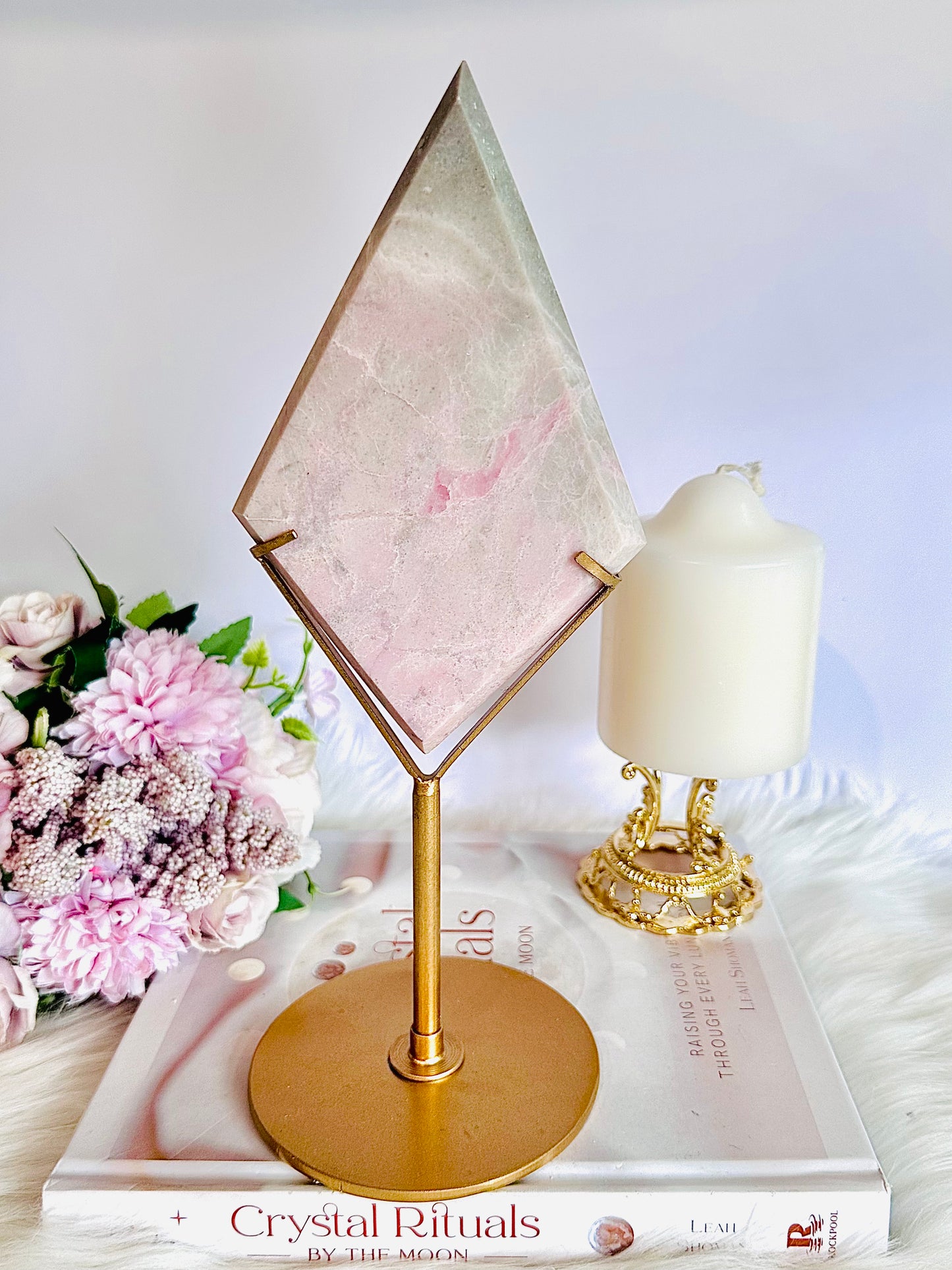 Classy & Fabulous Large Tall 27cm Pink Opal Diamond On Gold Stand 664grams ~ Simply Stunning Piece