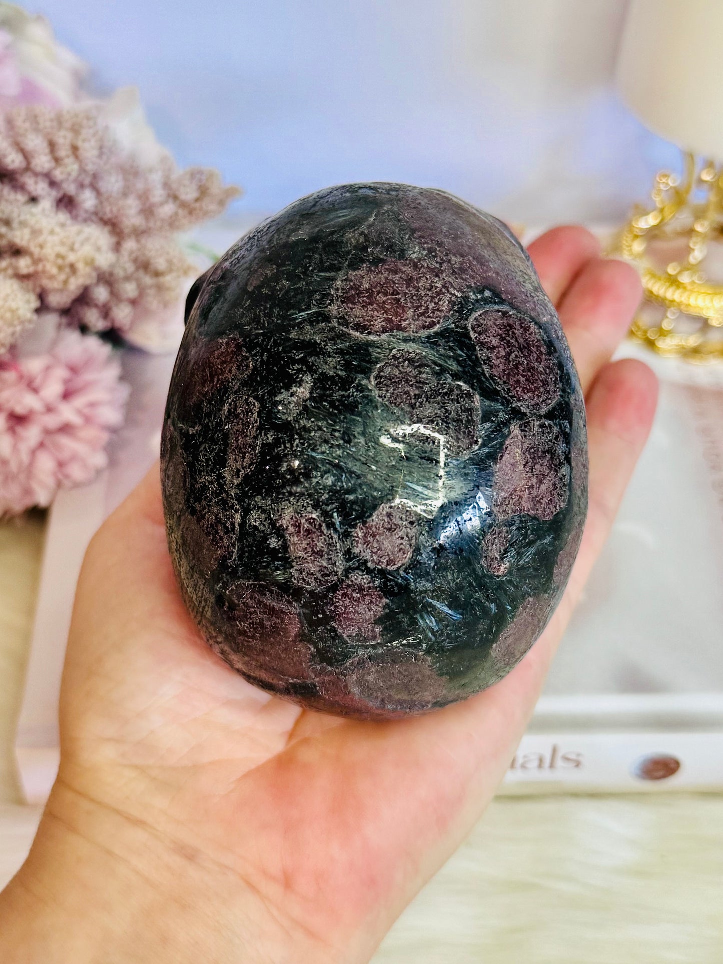 Amazing Large 1.01KG 11cm Garnet with Astrophyllite Carved & Polished Skull