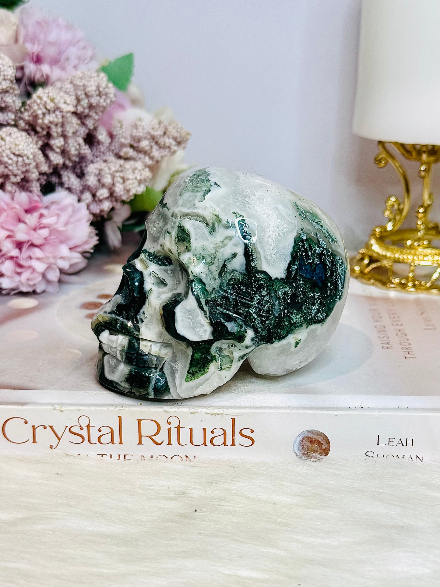 Large Moss Agate Carved Skull 9cm 469g