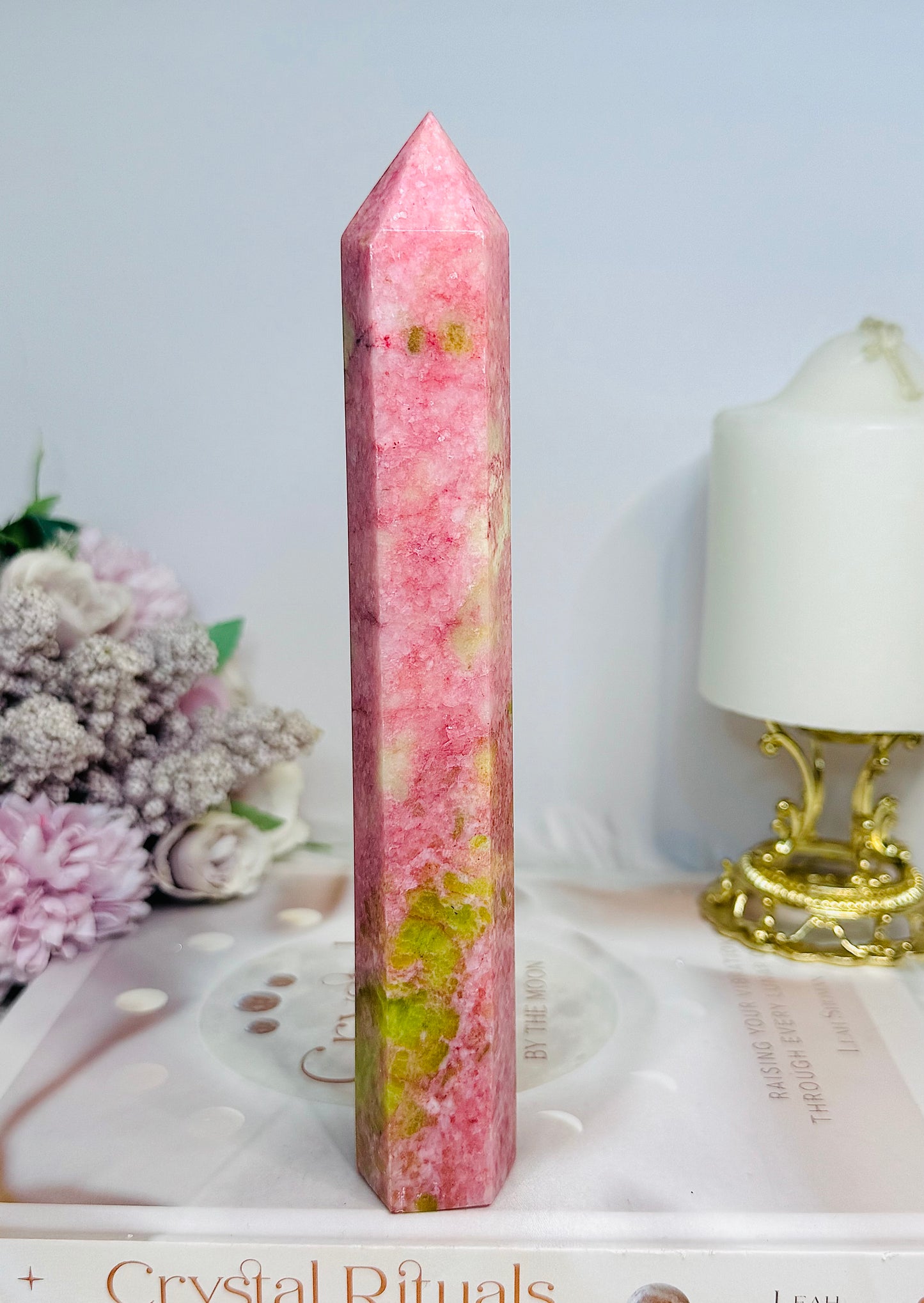 Rare Large Thulite Tower with Epidote Inclusions 19cm