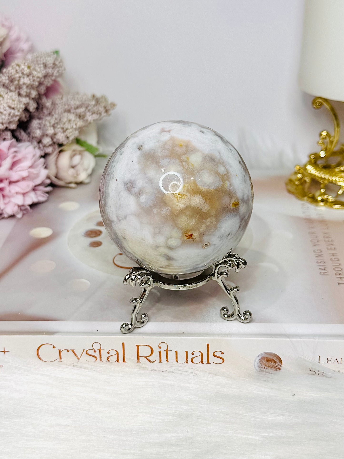 Large Flower Agate Sphere on Stand 319g