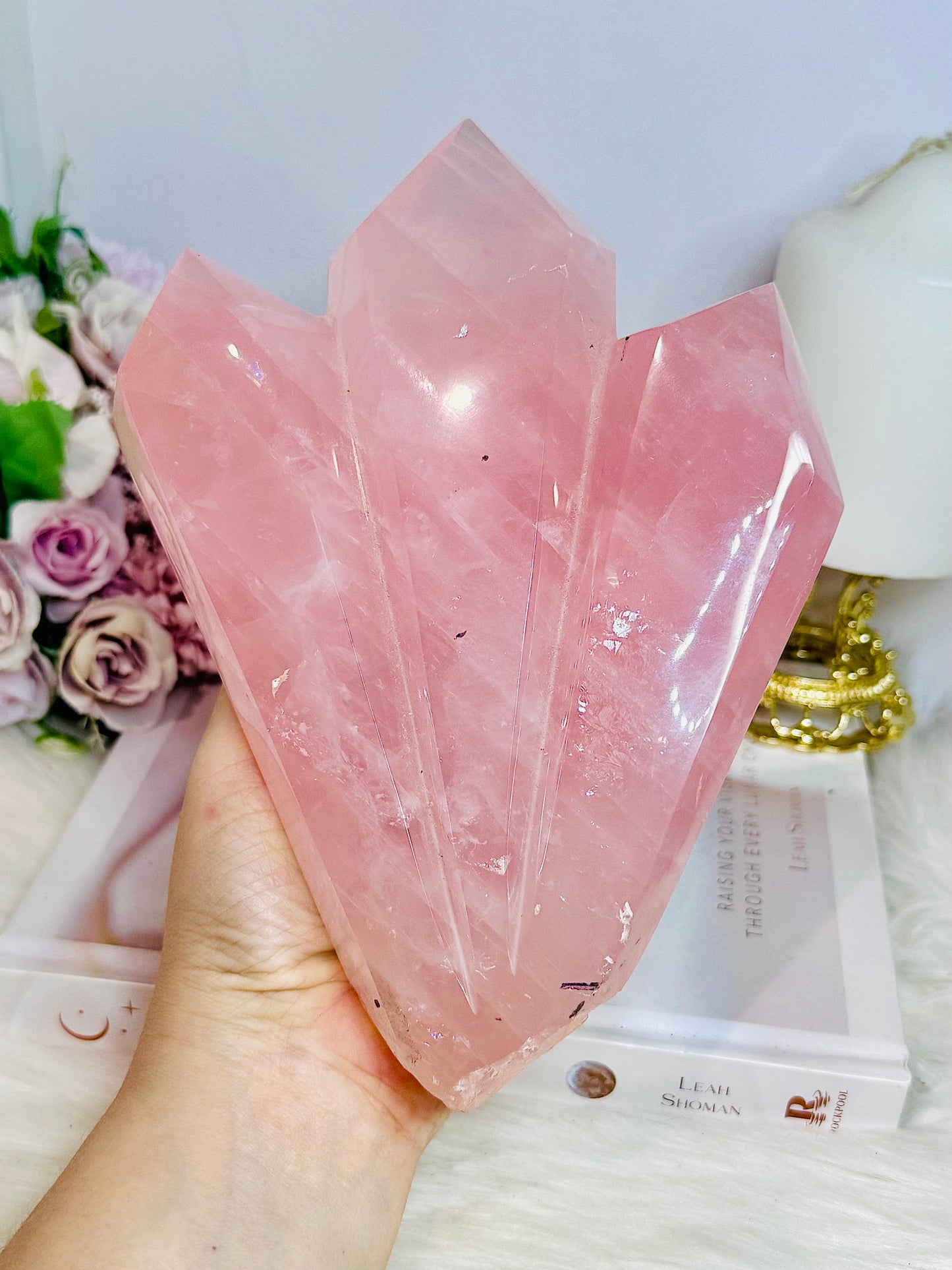 Huge High Grade Rose Quartz Carved Triple Tower on Stand 1.2KG 19cm