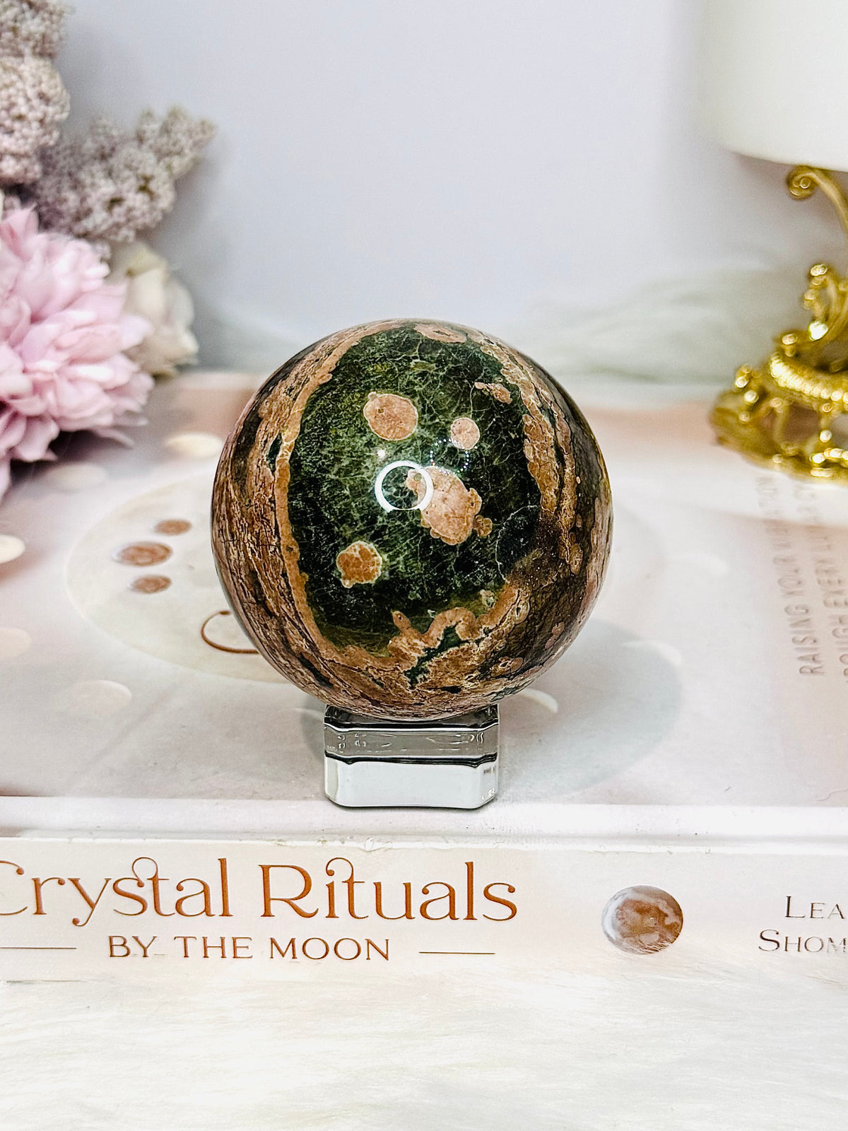 High Grade Green Sakura Flower Agate Sphere on Stand 231g