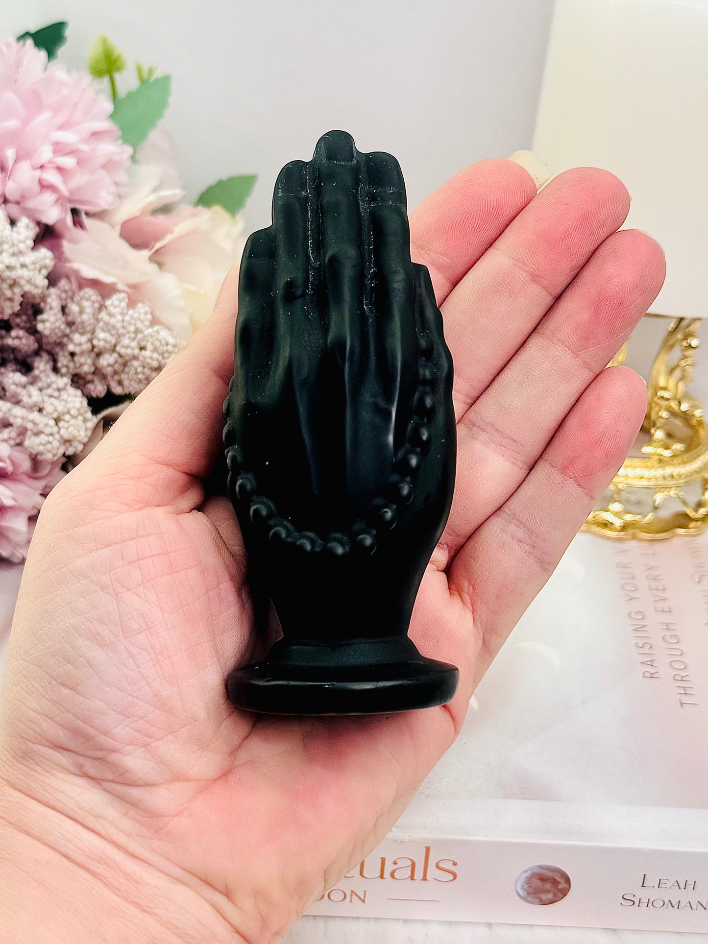 Beautiful Black Obsidian Carved Praying Hands with Beads 11cm