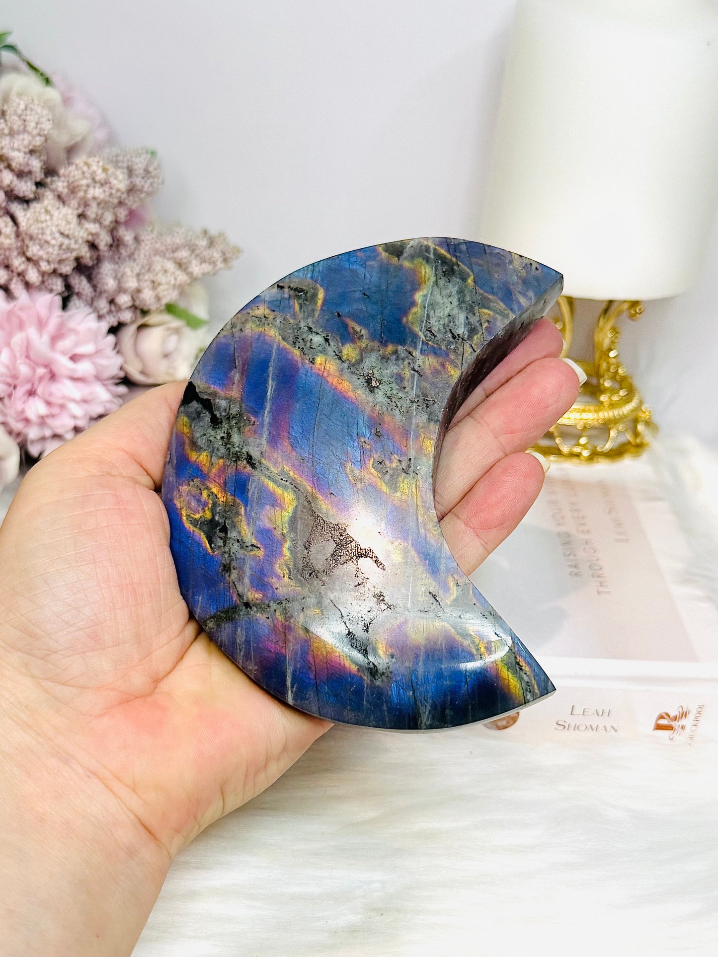 High Grade Large Labradorite Carved Moon Full of Flash 19.5cm