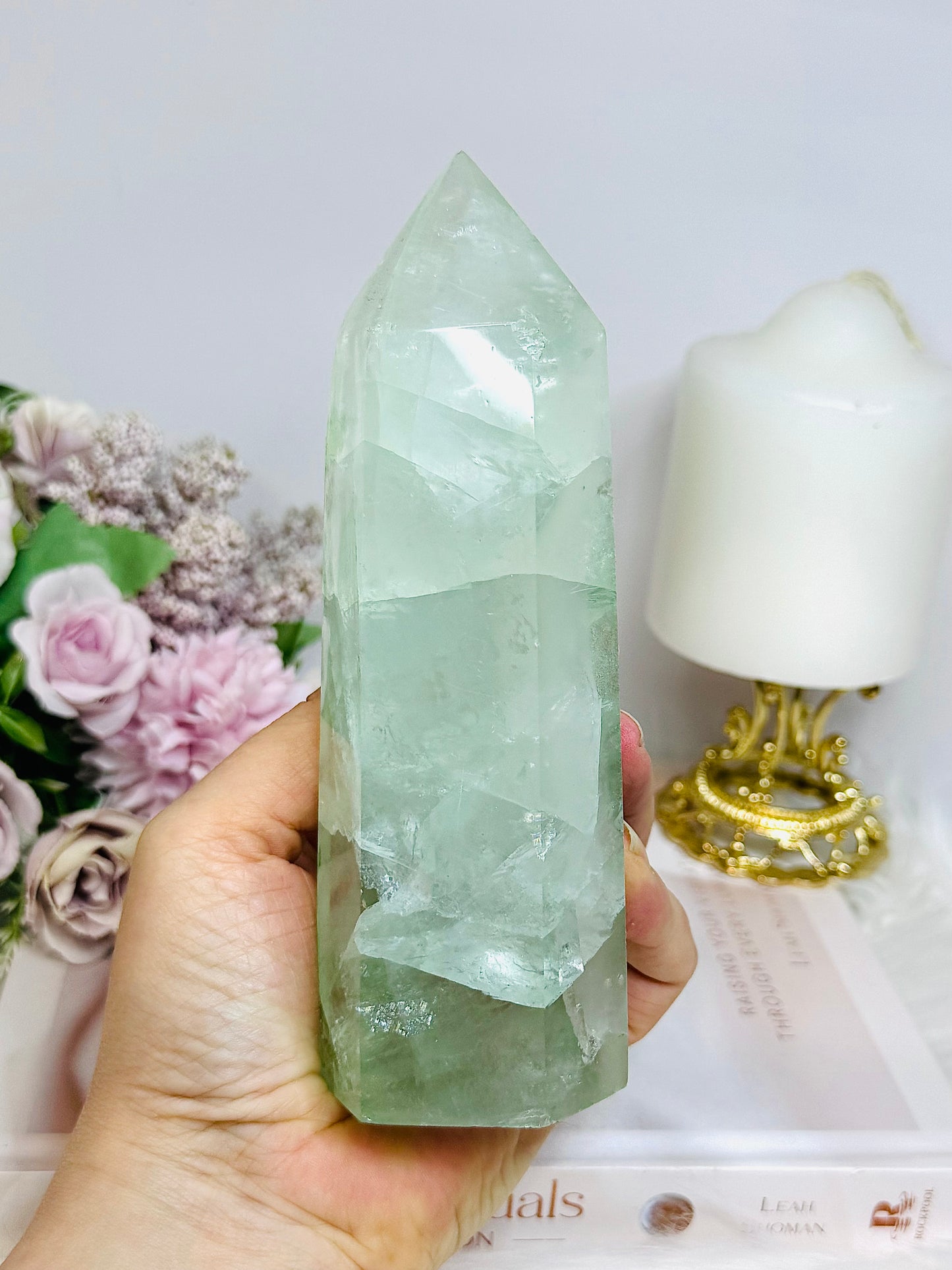 Large Green Fluorite Tower with Rainbows 15.5cm 650g
