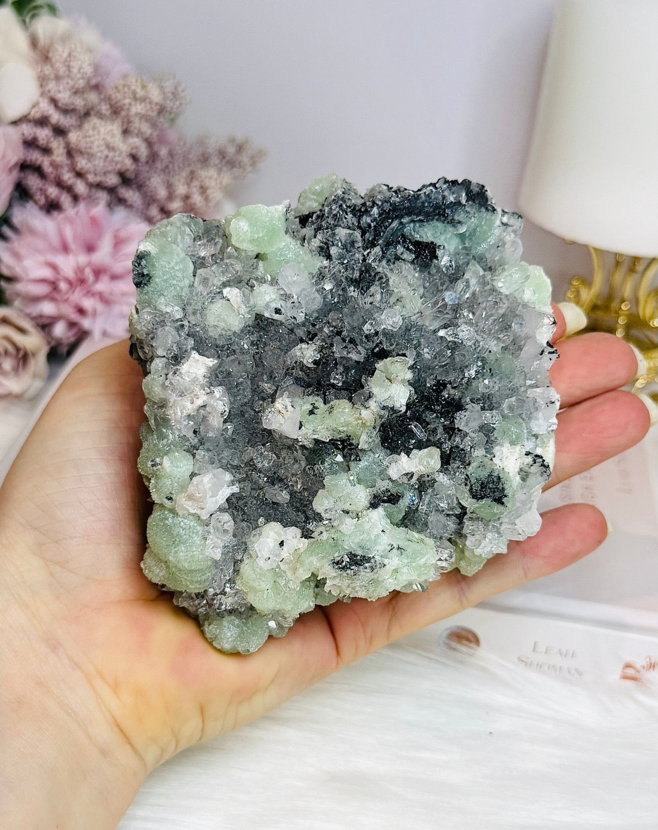 Prehnite with Babingtonite Specimen on Stand 10cm 528g