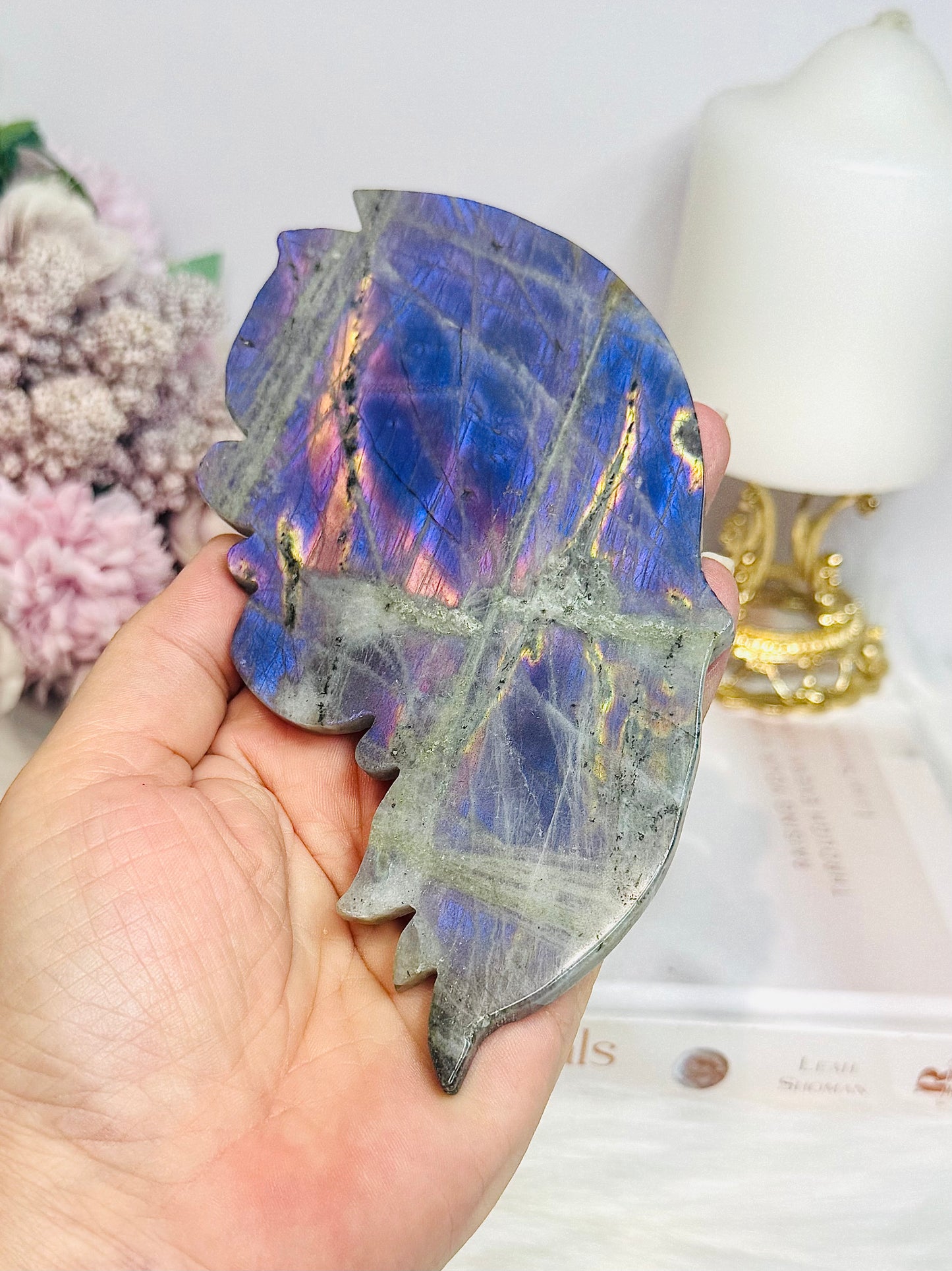 Large Labradorite Butterfly Wings With Purple Flash 21cm Tall