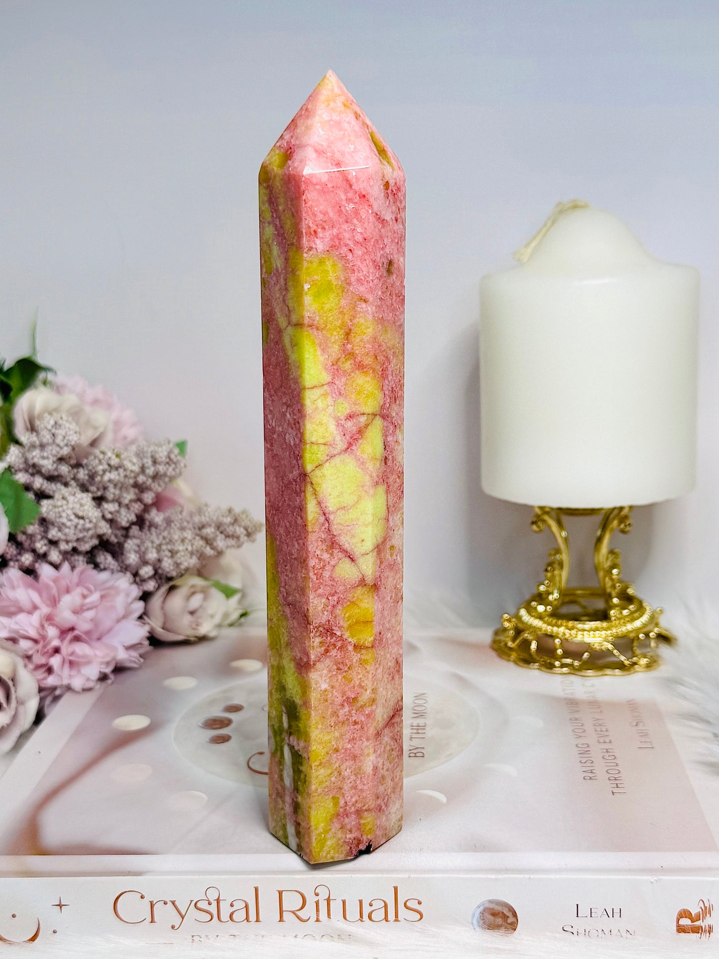 Rare Large Thulite Tower with Epidote Inclusions 19cm