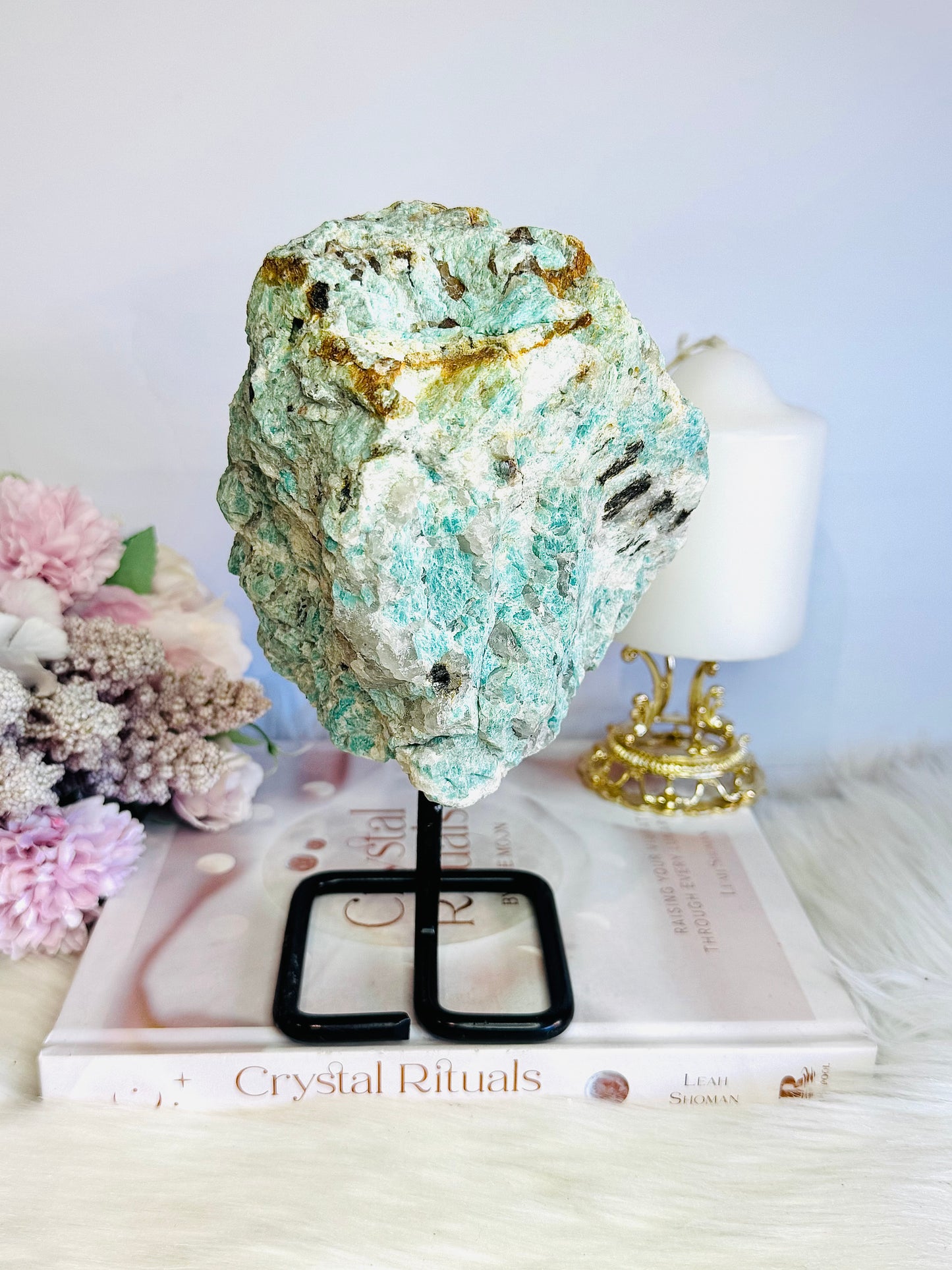 Raw Rough Natural Green Amazonite With Smokey Quartz Inclusions 1.56KG 20cm On Stand From Brazil